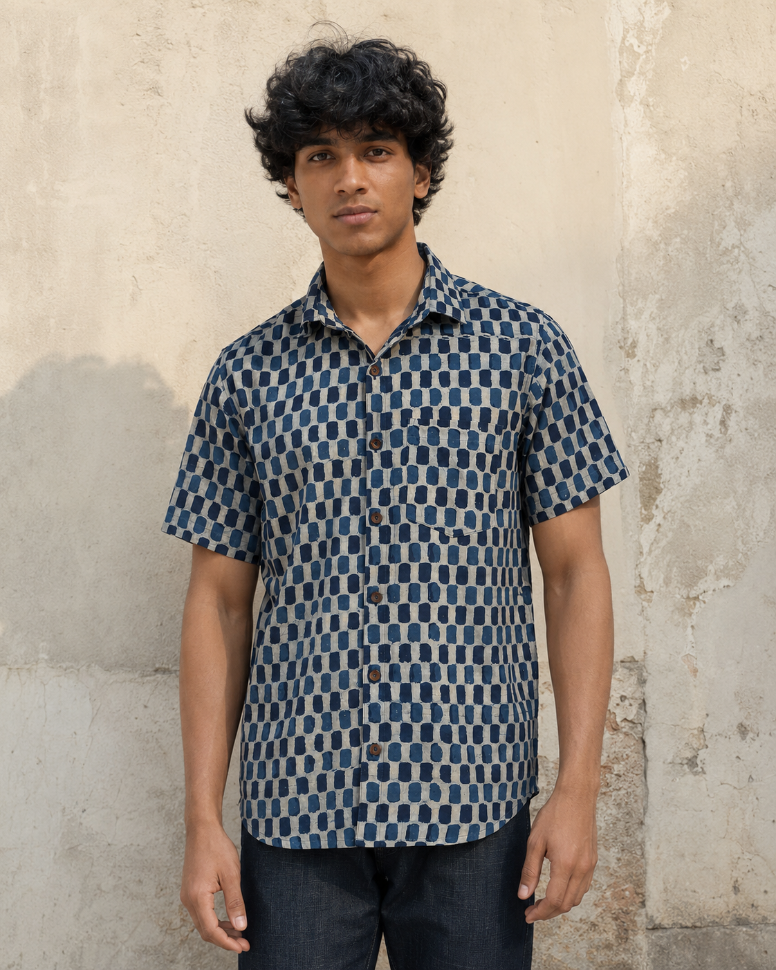 Indigo Checks Cotton Mens Half Sleeve Shirts