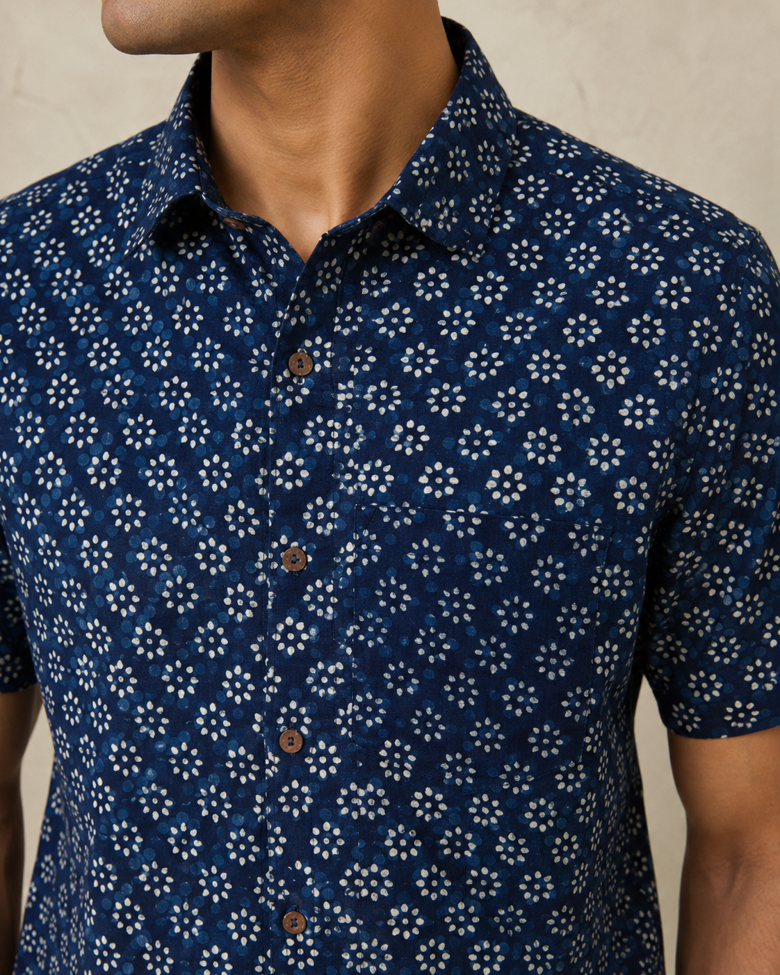 Indigo Flower Cotton Mens Half Sleeve Shirts