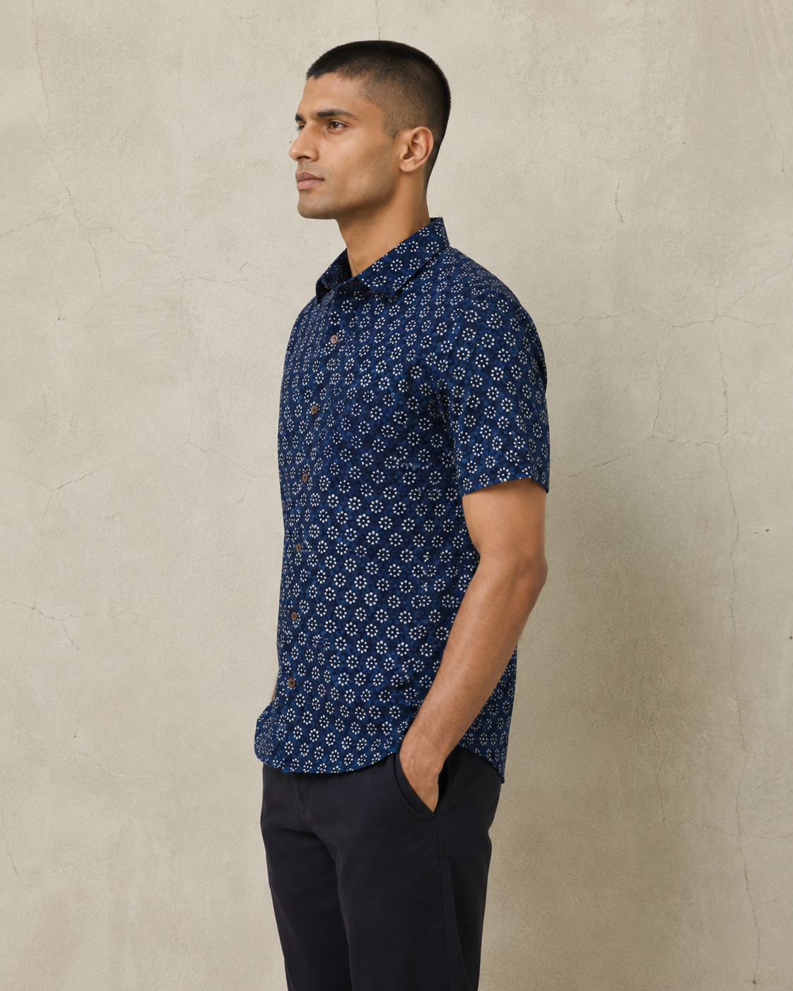 Indigo Flower Cotton Mens Half Sleeve Shirts