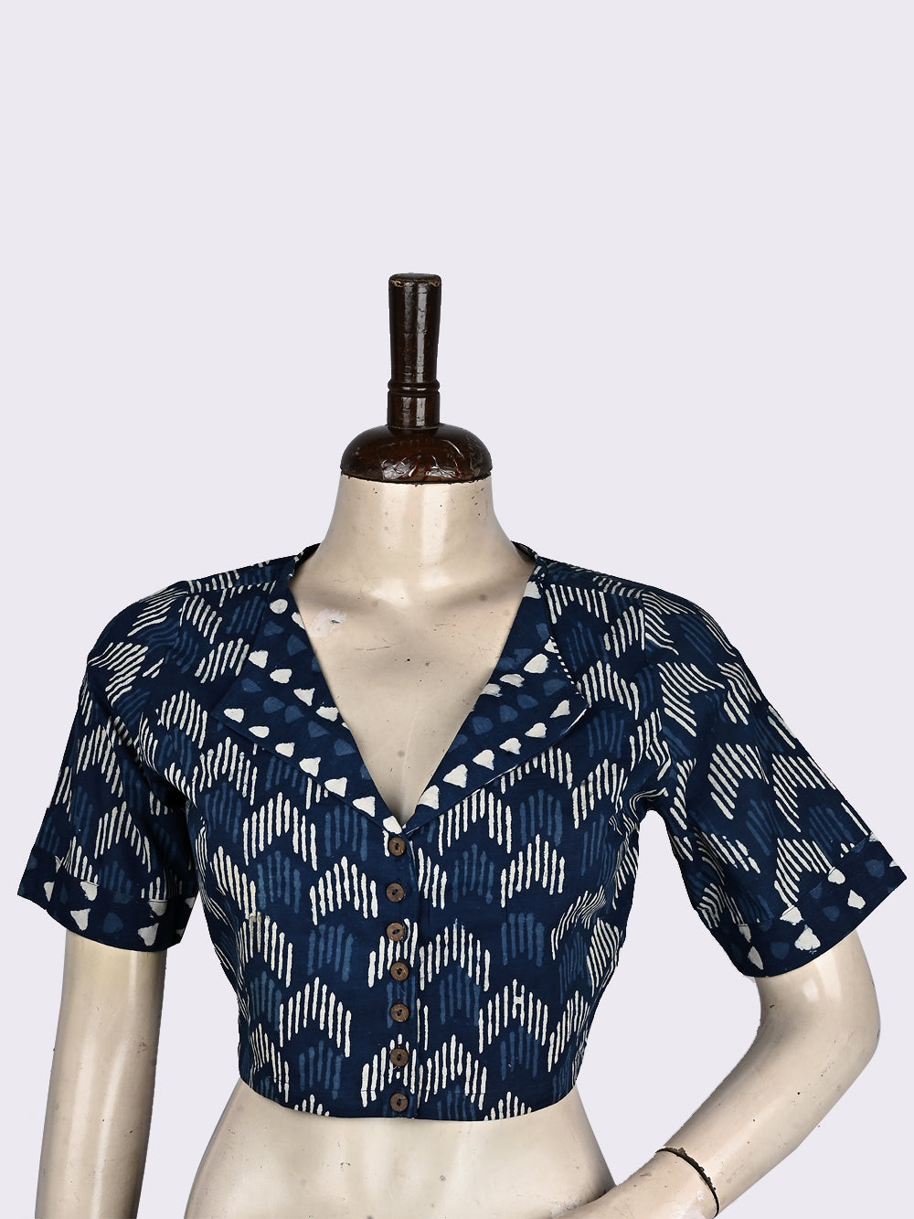 Indigo Arrow Overlap Collar Hand Block Printed Cotton Blouse