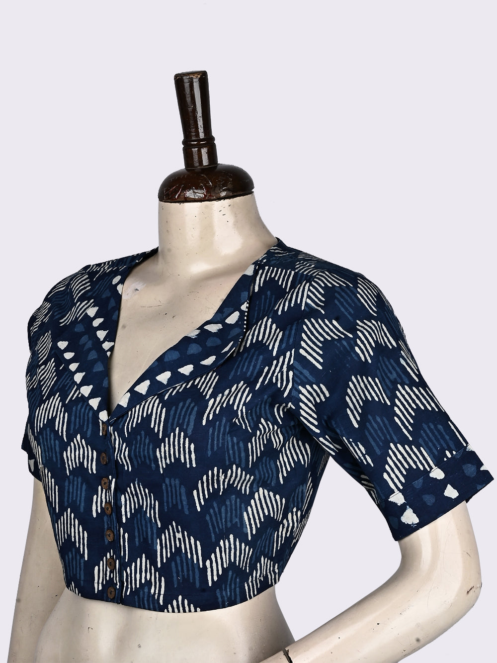 Indigo Arrow Overlap Collar Hand Block Printed Cotton Blouse