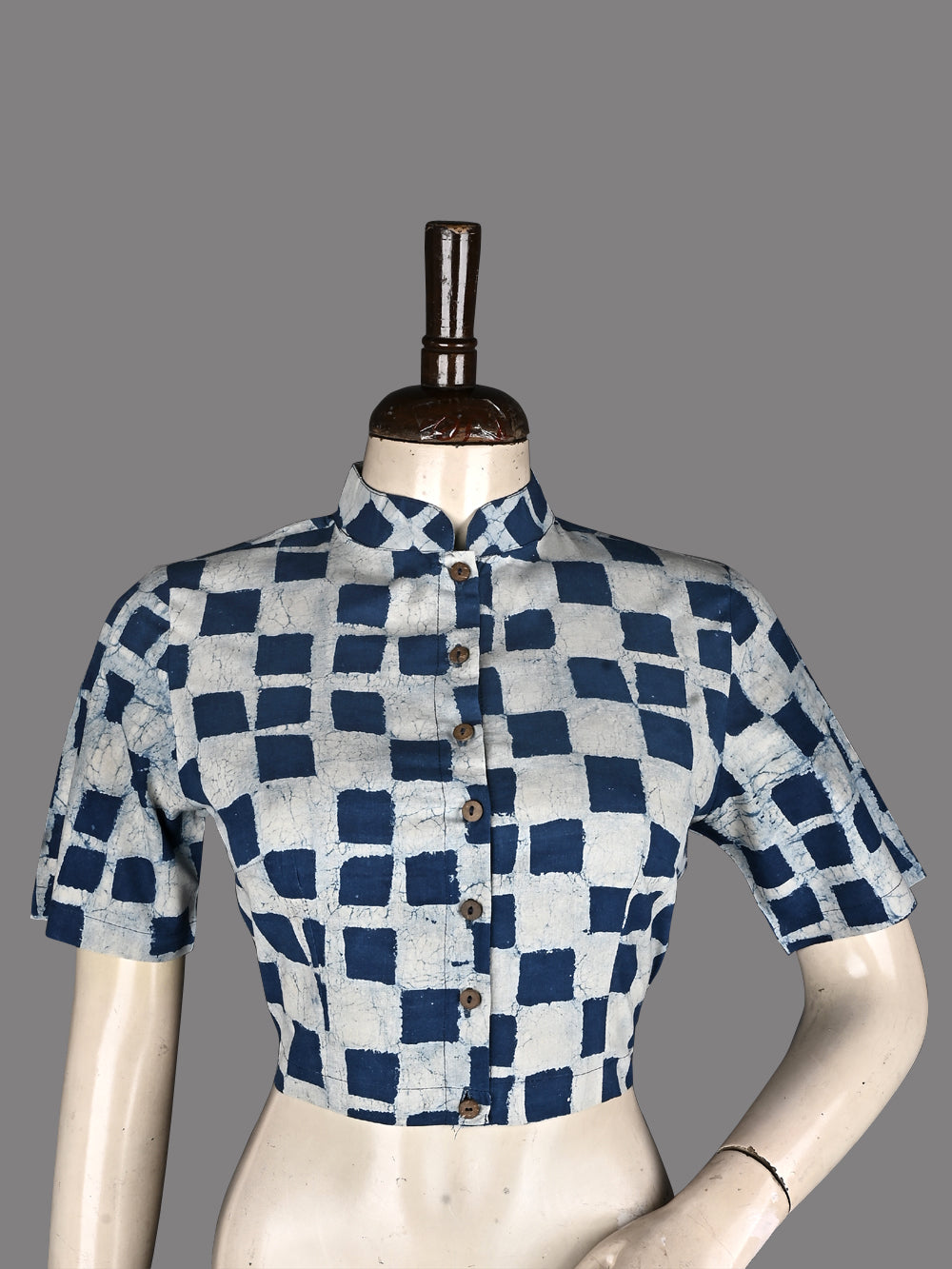 Indigo Daboo Pixelated Print Hand Block Printed Cotton Blouse