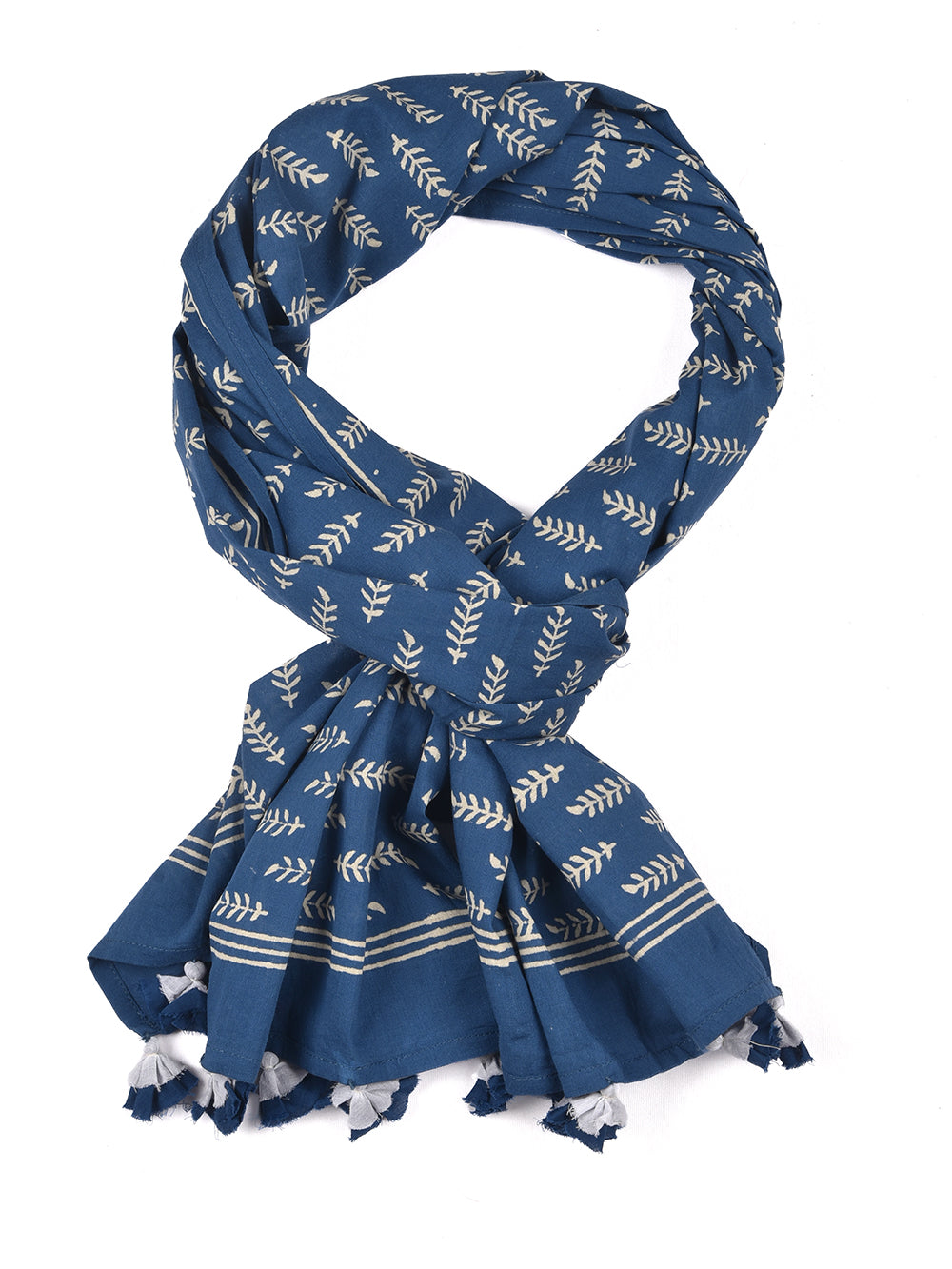 Indigo Blue Sprig Cotton Voile Block Printed Stole