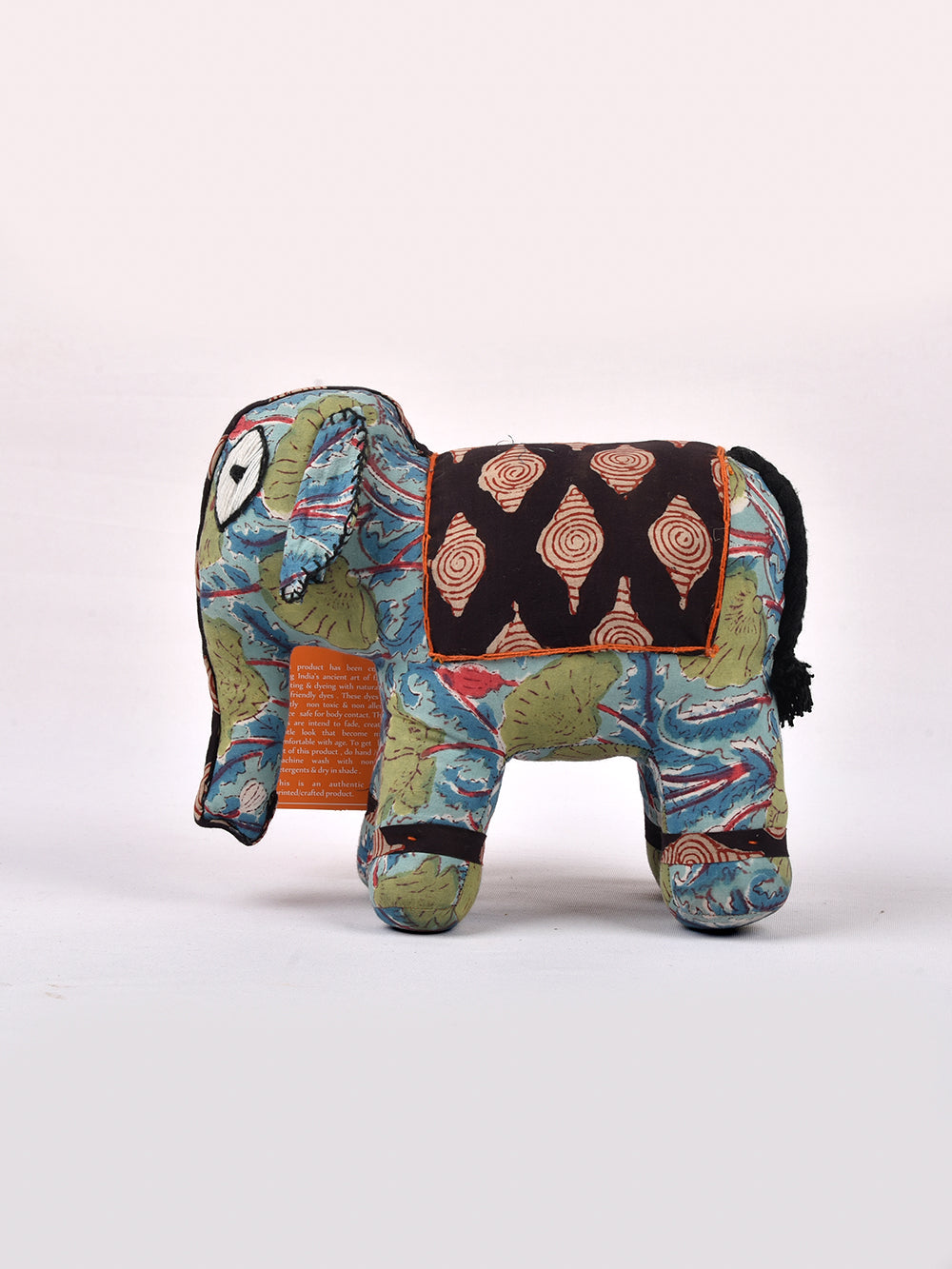 Elephant Sea Blue - Black Hand Block Printed Fabric Soft Toy