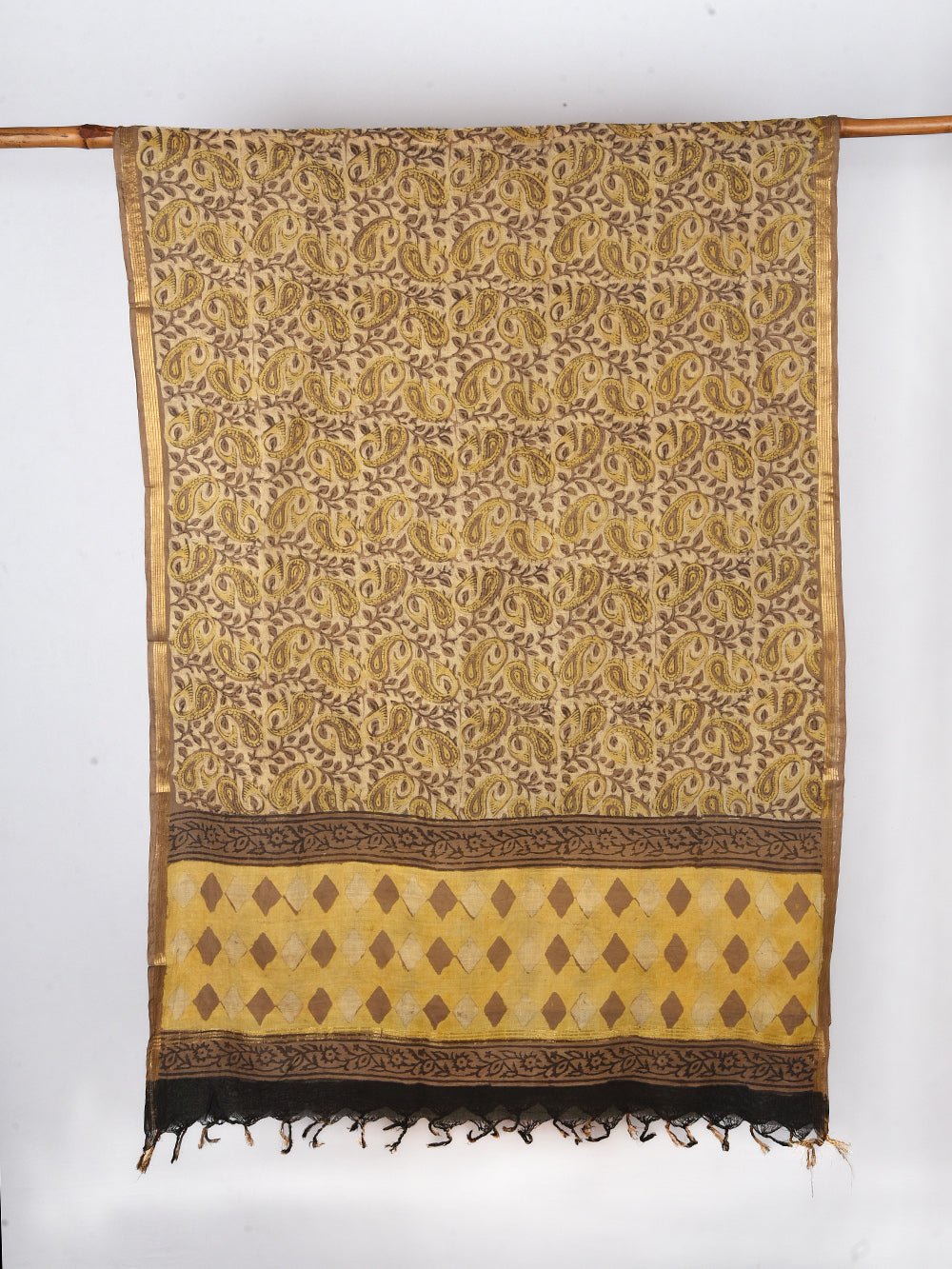 Brown Kairi Hand Block Printed Cotton Dupatta with Zari Border