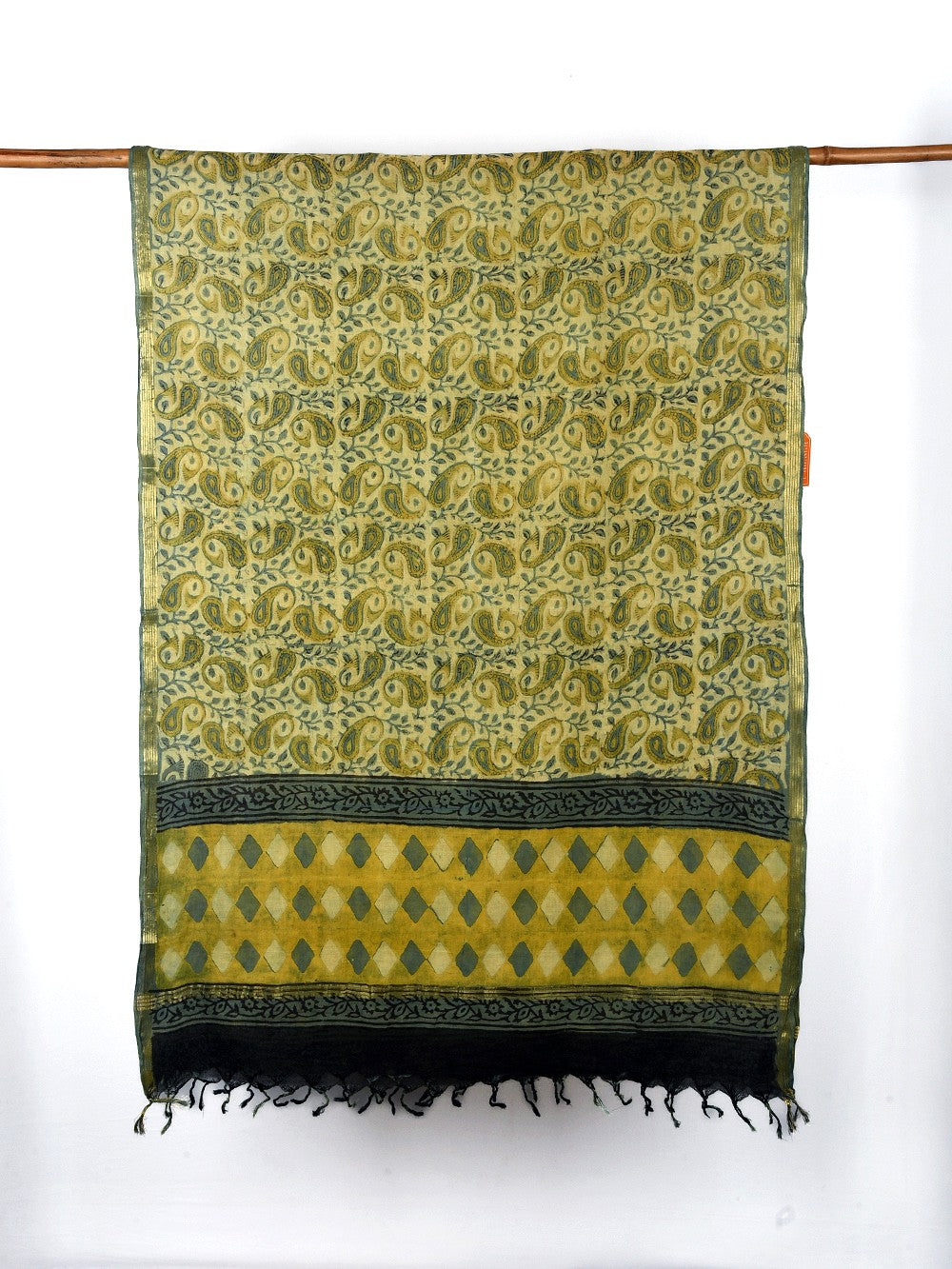 Green Kairi Hand Block Printed Cotton Dupatta with Zari Border