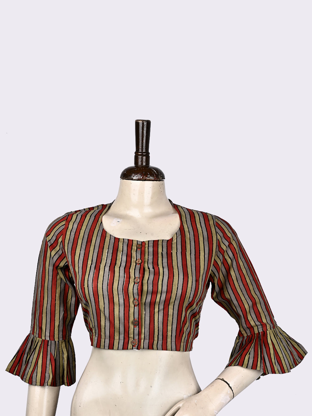 Kalamkari Bagru Stripes Hand Block Printed Cotton Blouse