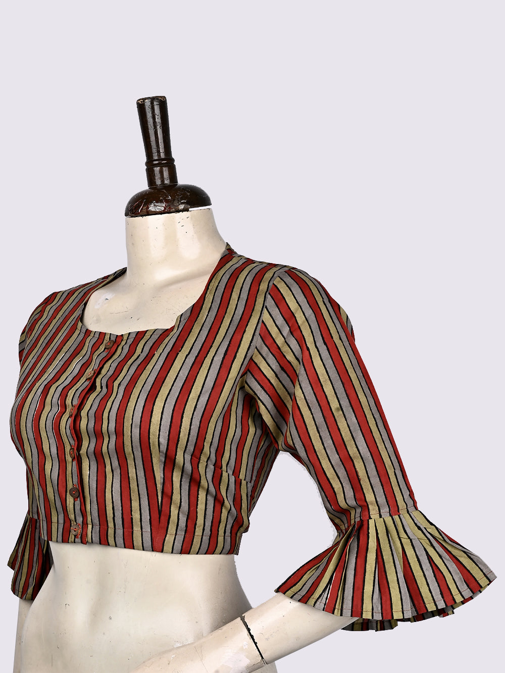 Kalamkari Bagru Stripes Hand Block Printed Cotton Blouse