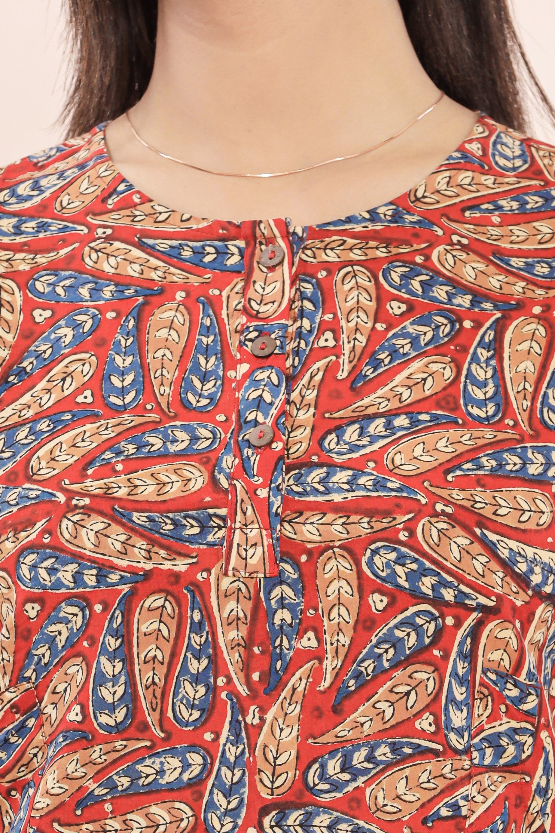 Red Kalamkari Leaf Lounge Womens Hand Block Printed Tops