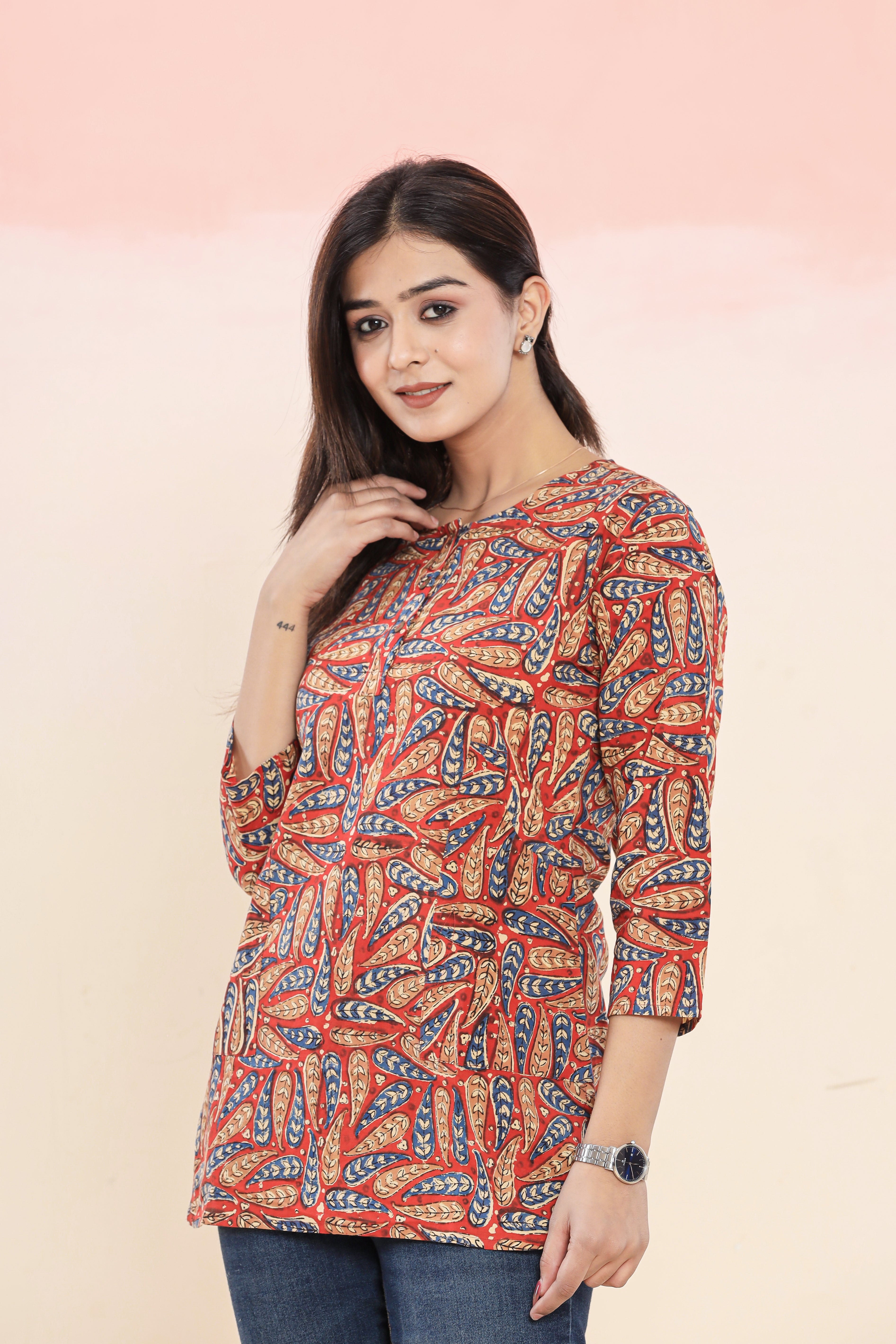 Red Kalamkari Leaf Lounge Womens Hand Block Printed Tops