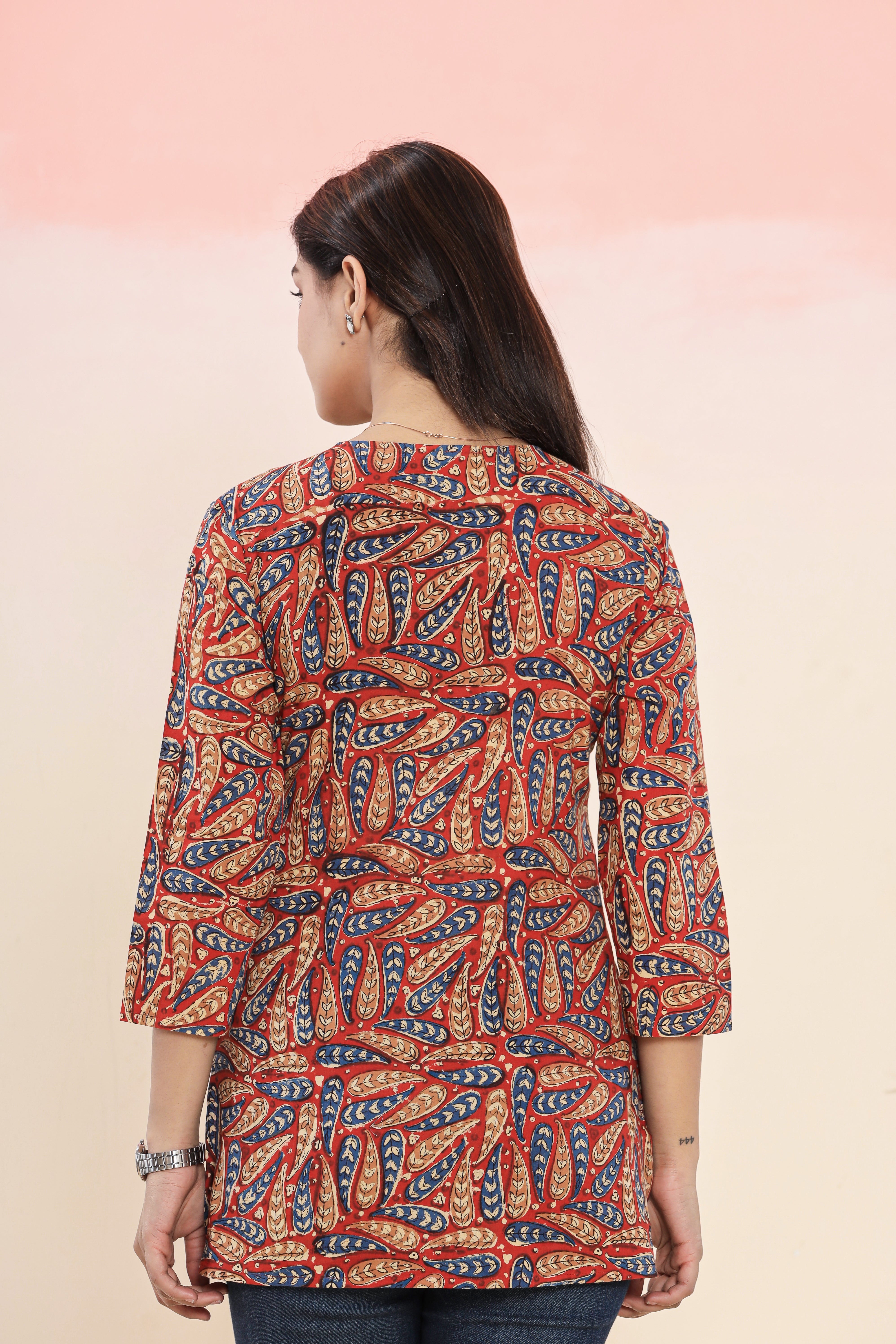 Red Kalamkari Leaf Lounge Womens Hand Block Printed Tops