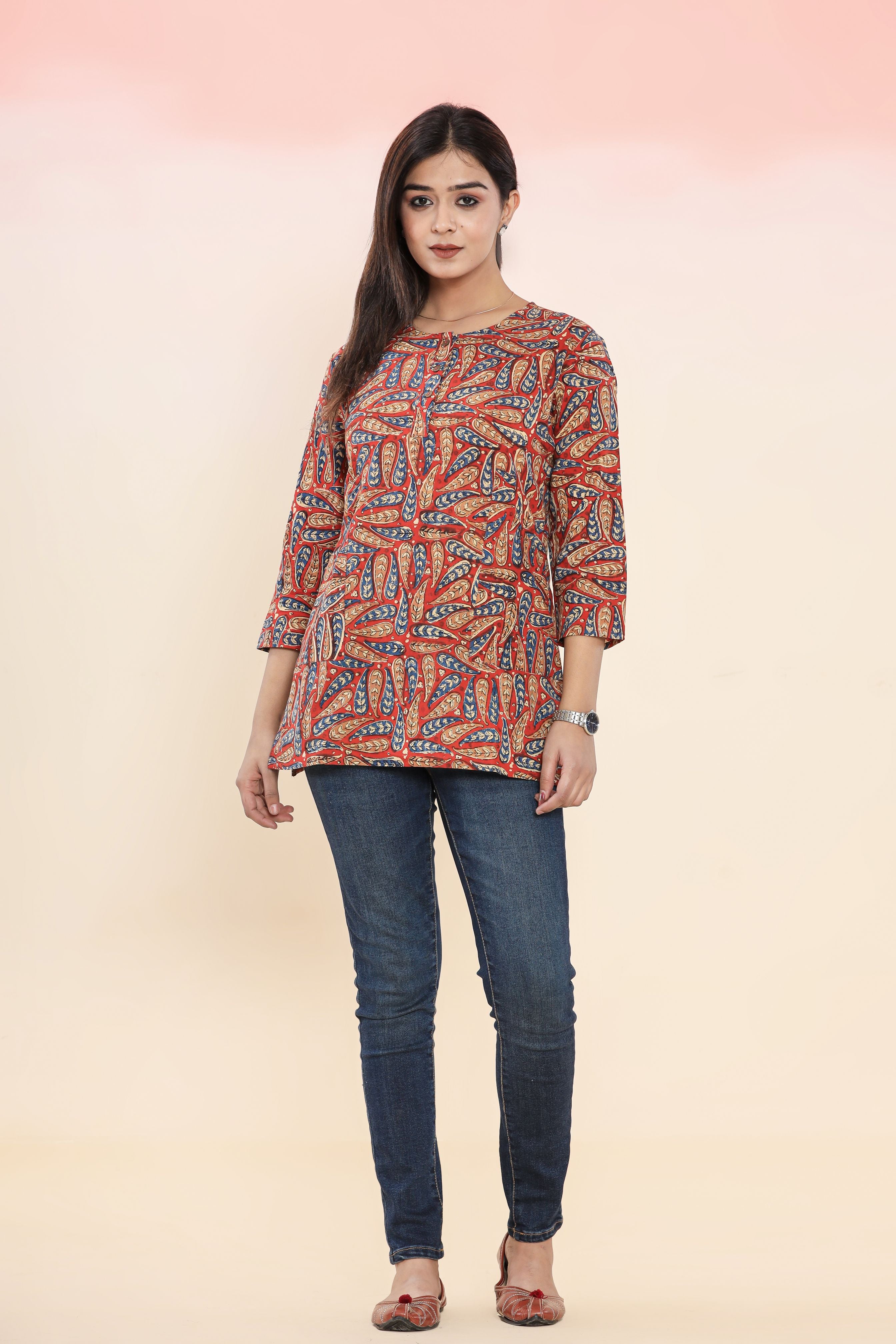 Red Kalamkari Leaf Lounge Womens Hand Block Printed Tops