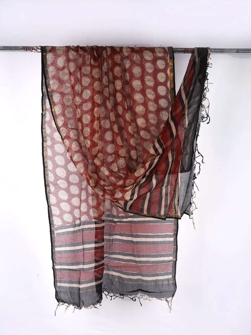 Bagru Red Hand Block Printed Gol Phool Booti Kota Doria Dupatta