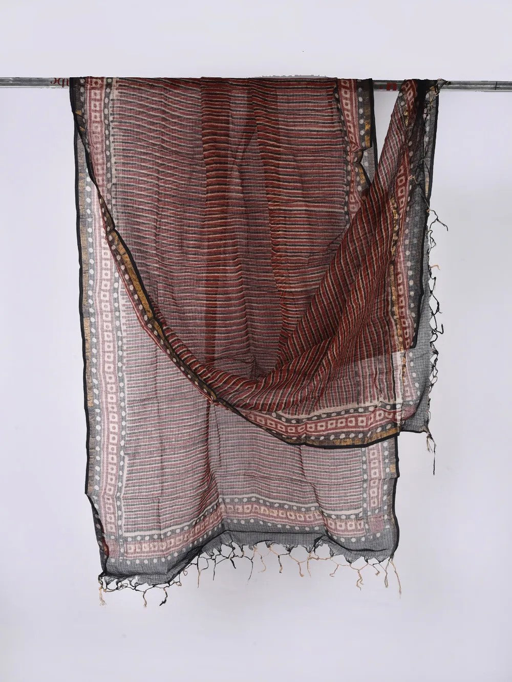 Bagru Black Red Hand Block Printed Silli Stripes Kota Doria Dupatta
