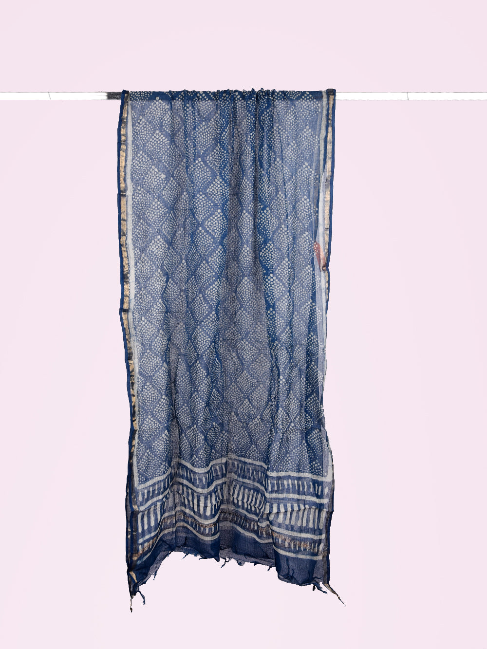 Indigo Hand Block Printed Square Fish Pattern Kota Doria Dupatta