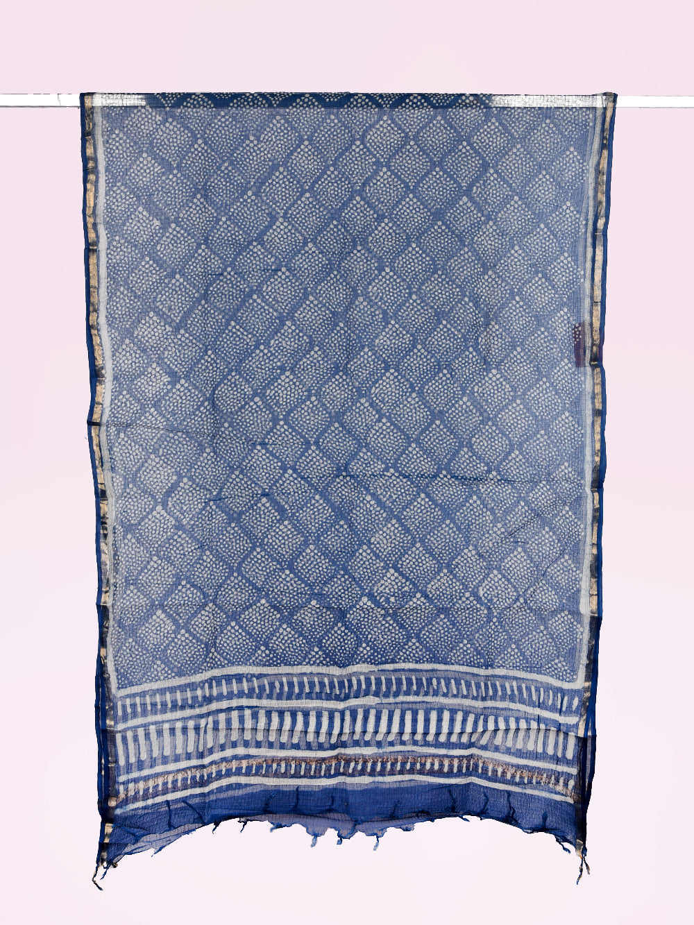 Indigo Hand Block Printed Square Fish Pattern Kota Doria Dupatta