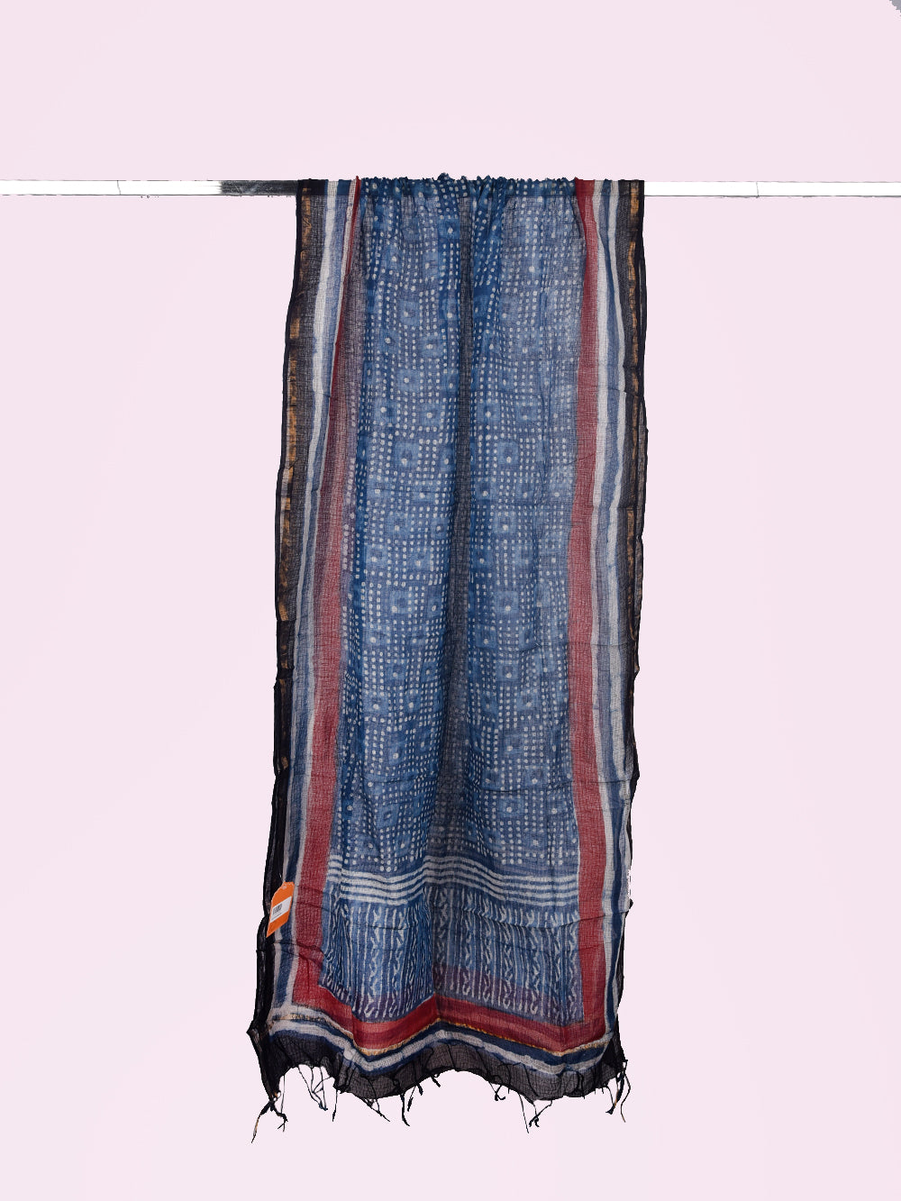 Indigo Bagru Hand Block Printed Dotted Box Pattern Kota Doria Dupatta