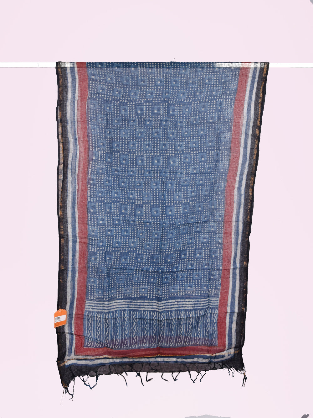 Indigo Bagru Hand Block Printed Dotted Box Pattern Kota Doria Dupatta
