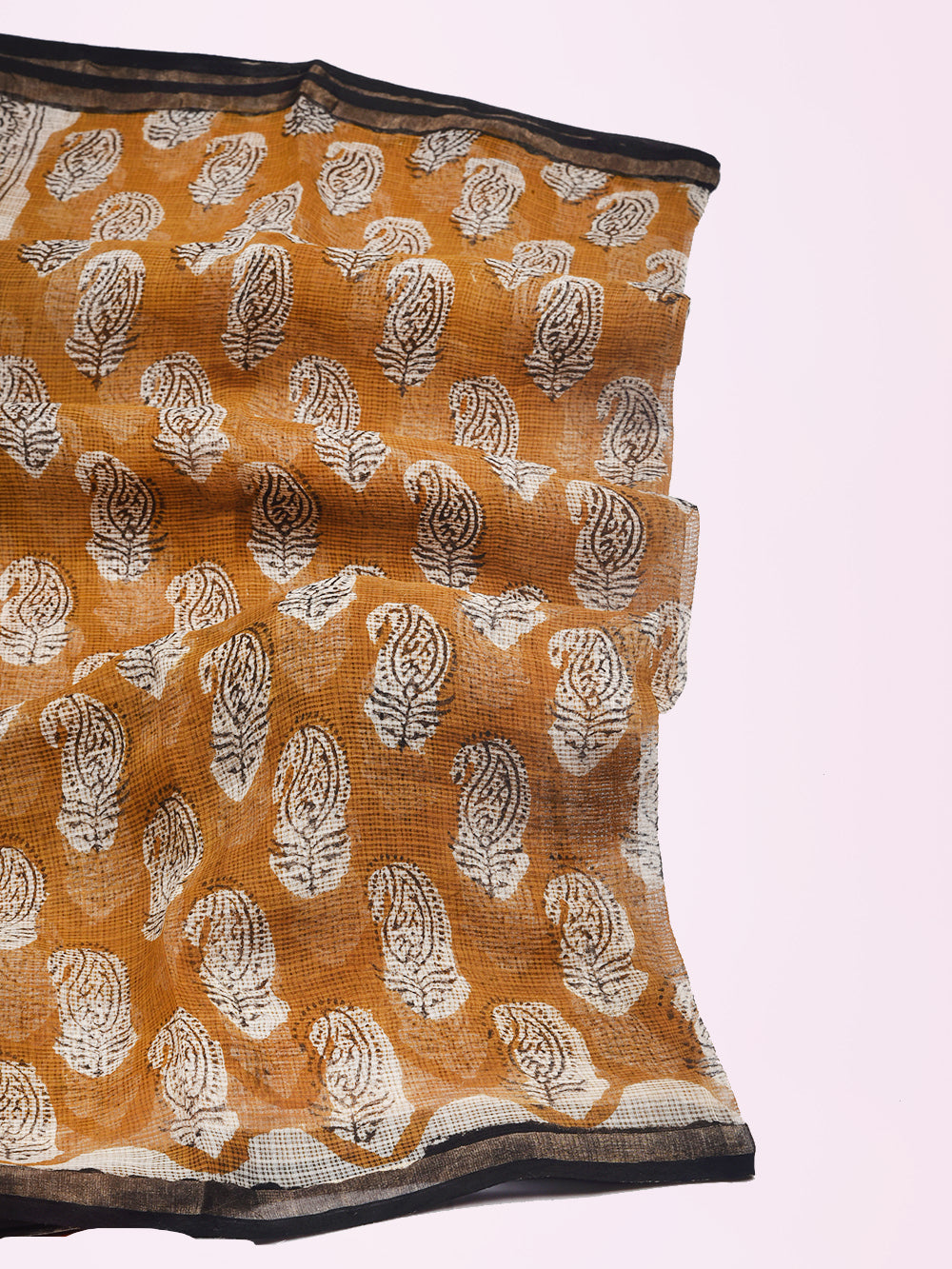 Yellow Hand Block Printed Kairi Pattern Kota Doria Dupatta