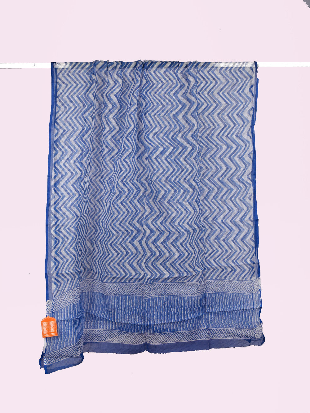 Blue Hand Block Printed Chevron Pattern Kota Doria Dupatta