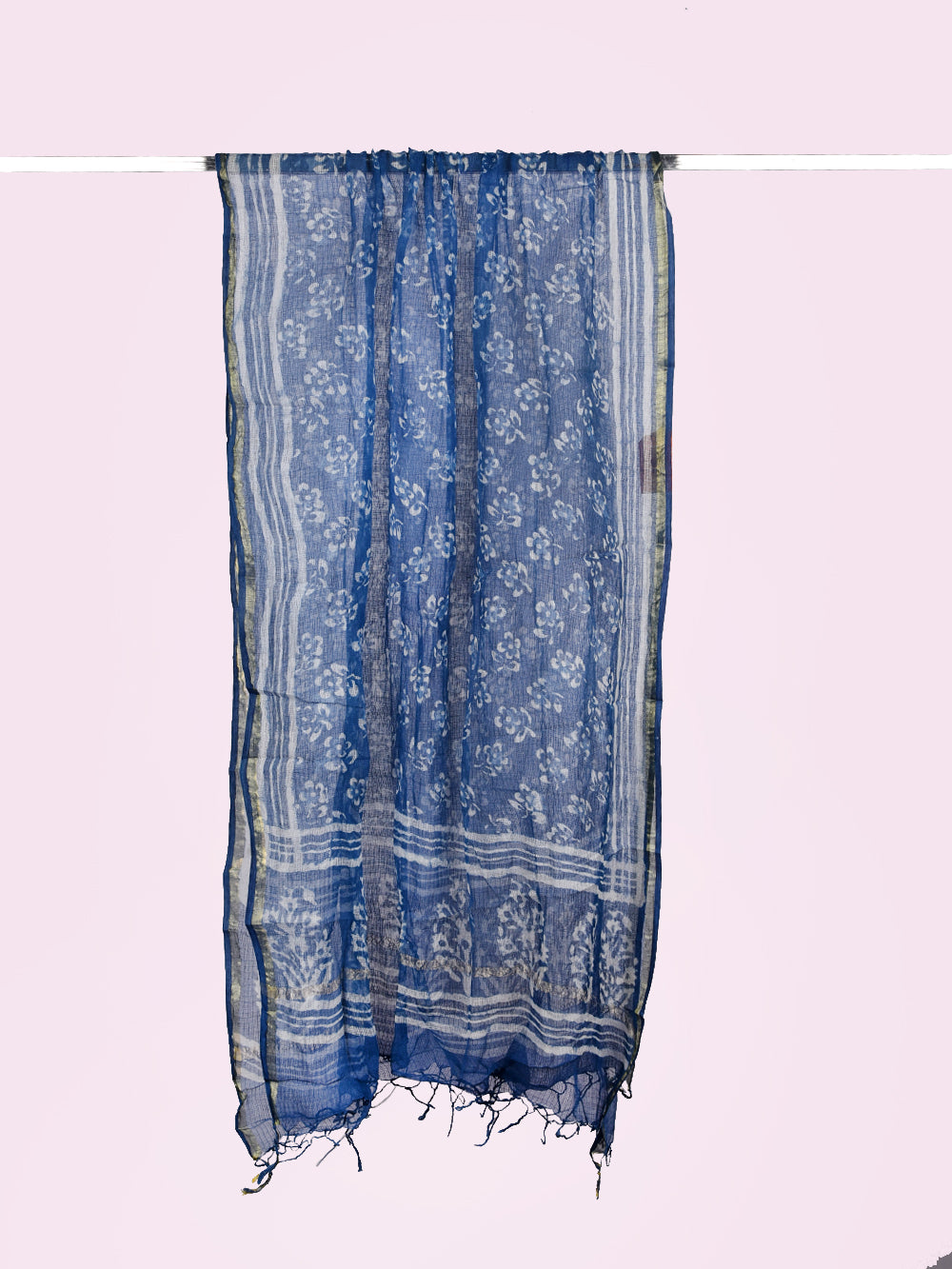 Indigo Hand Block Printed Scattered Flowers Pattern Kota Doria Dupatta