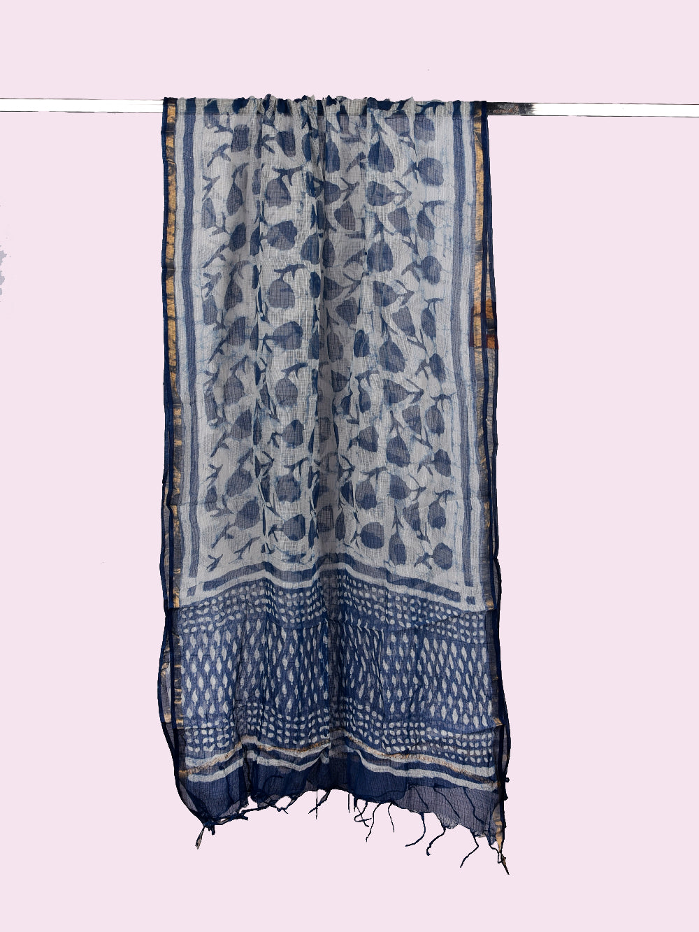 Indigo Hand Block Printed Gulaab Pattern Kota Doria Dupatta