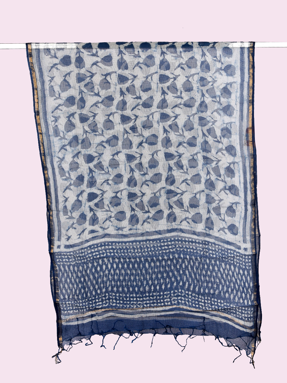 Indigo Hand Block Printed Gulaab Pattern Kota Doria Dupatta