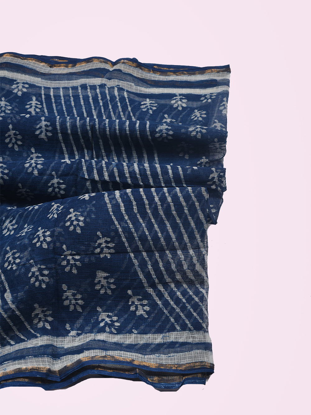 Indigo Hand Block Printed Leher Pattern Kota Doria Dupatta