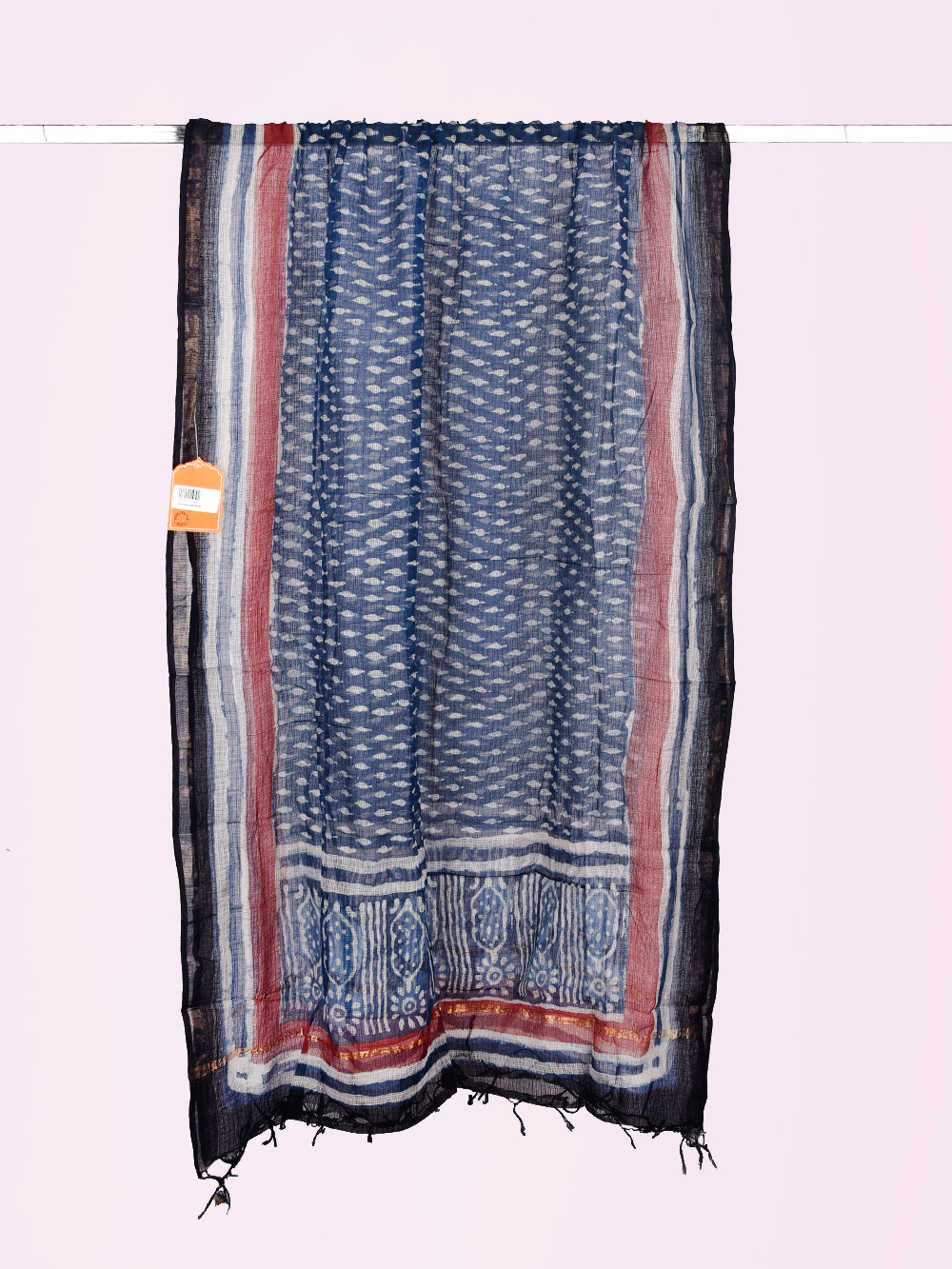 Indigo Bagru Hand Block Printed Long Booti Pattern Kota Doria Dupatta