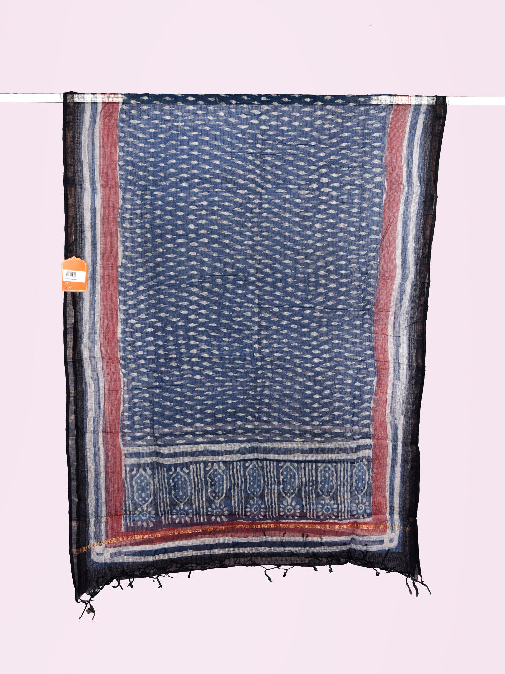 Indigo Bagru Hand Block Printed Long Booti Pattern Kota Doria Dupatta