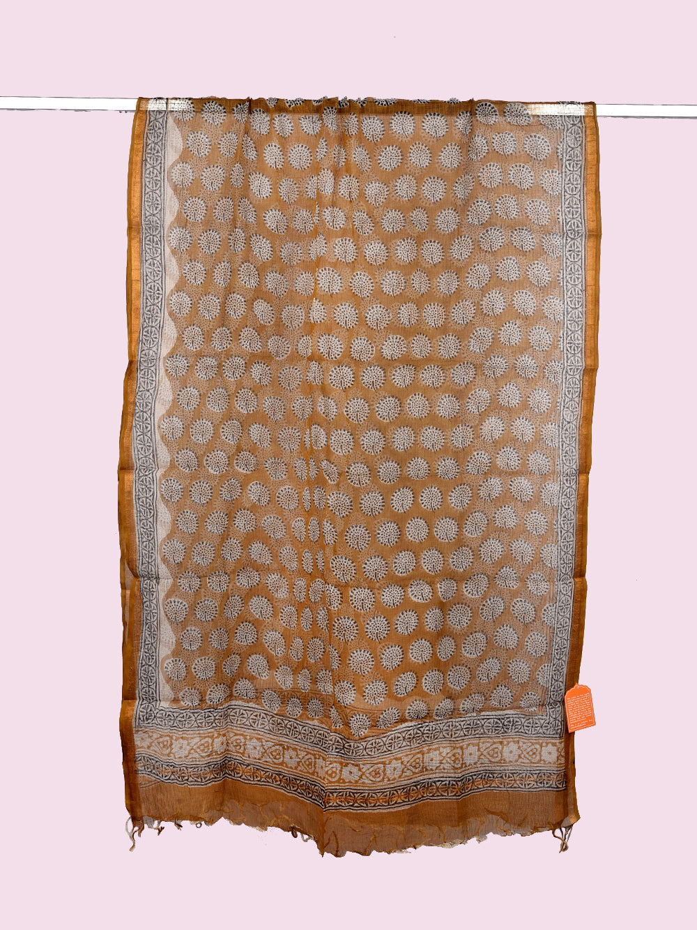 Yellow Hand Block Printed Gola Pattern Kota Doria Dupatta