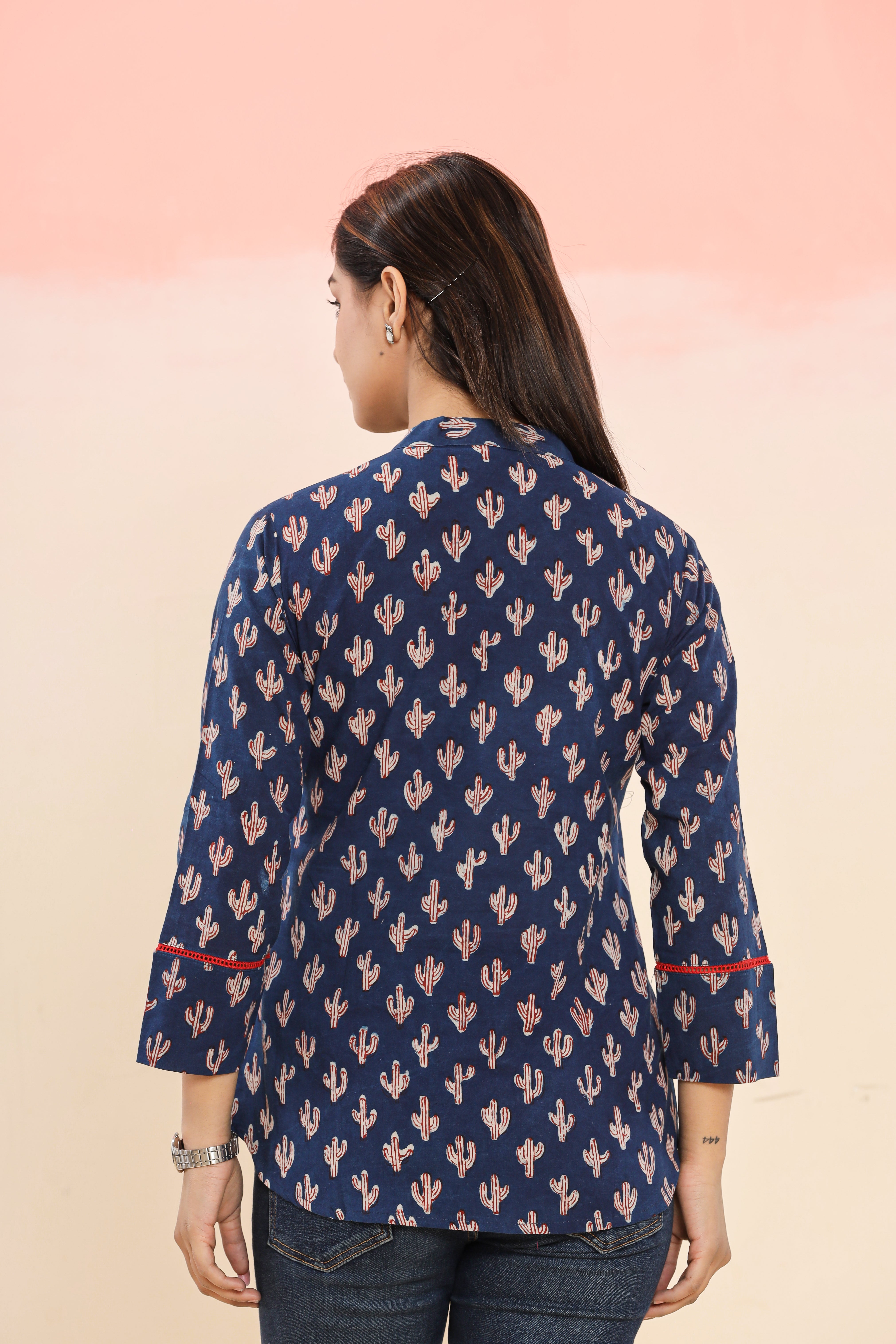 Indigo Cactus Hand Block Printed Womens Tops