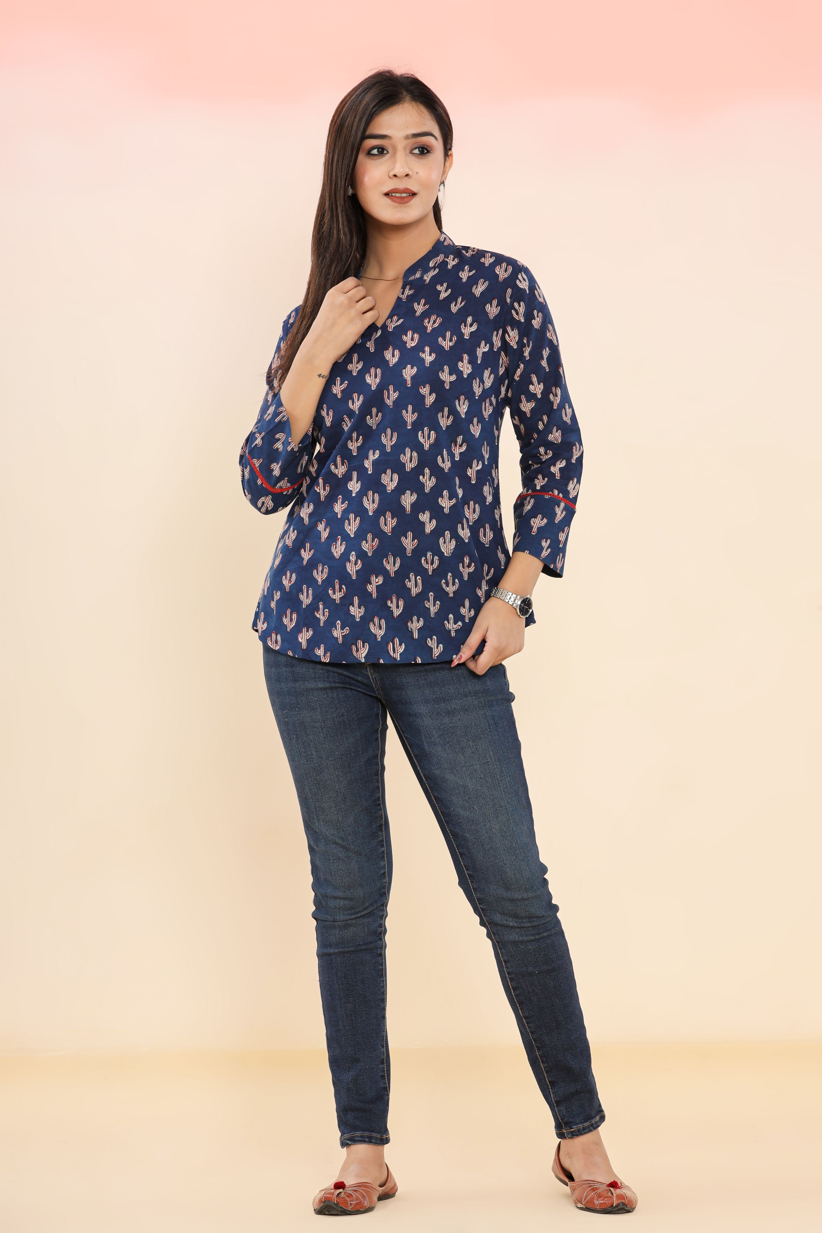 Indigo Cactus Hand Block Printed Womens Tops
