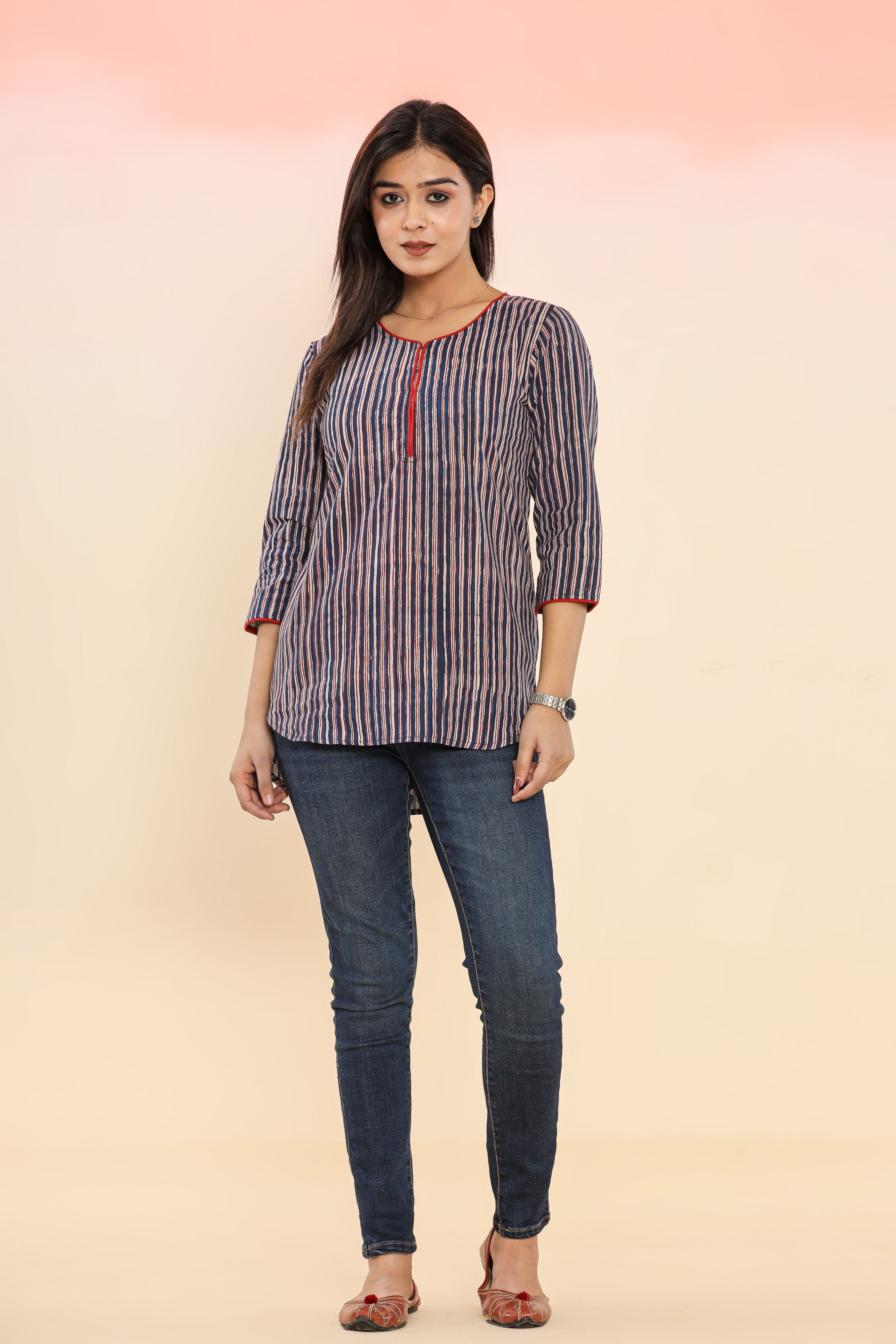 Indigo Doodle Stripes Hand Block Printed Womens Tops