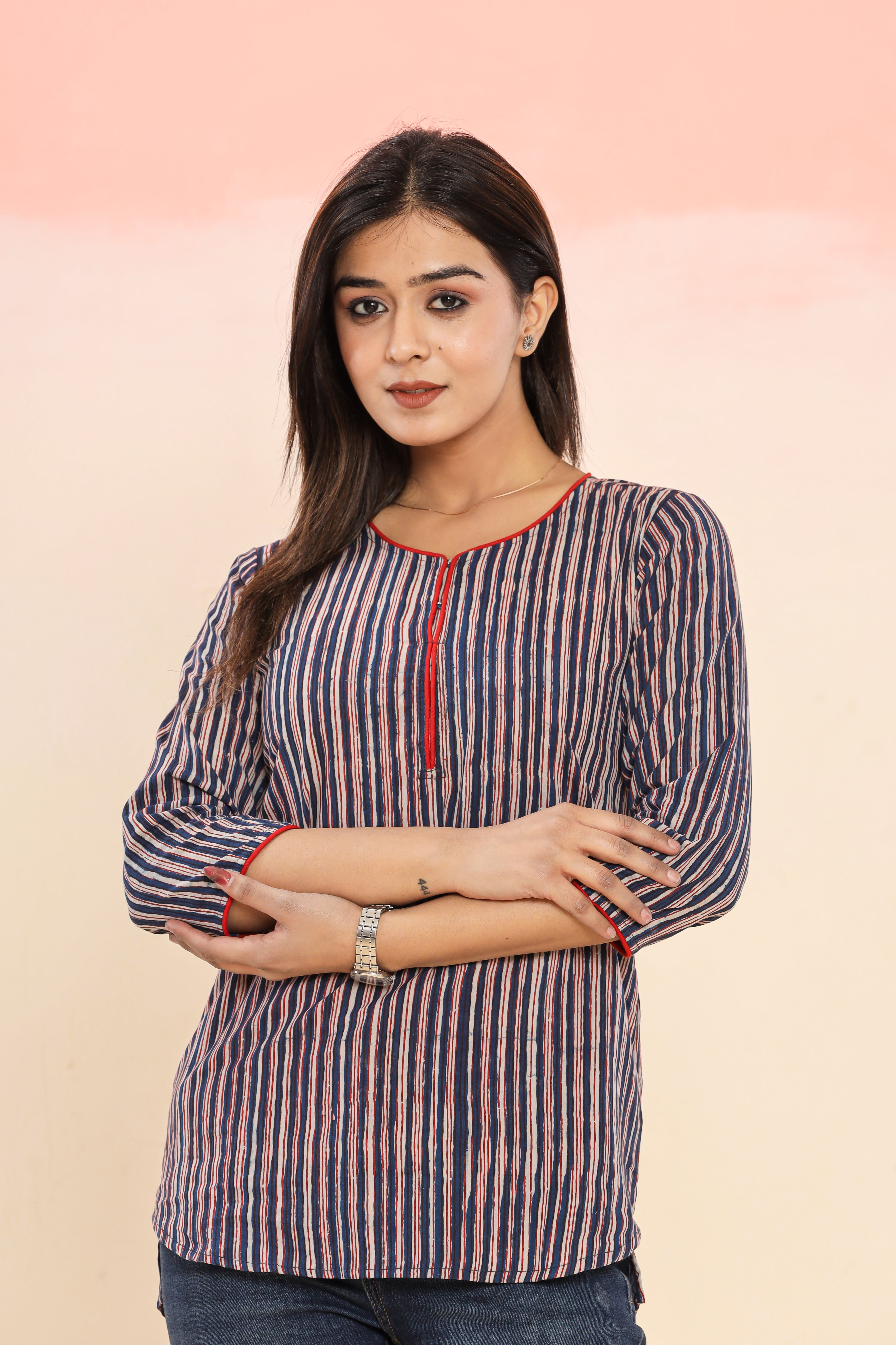 Indigo Doodle Stripes Hand Block Printed Womens Tops