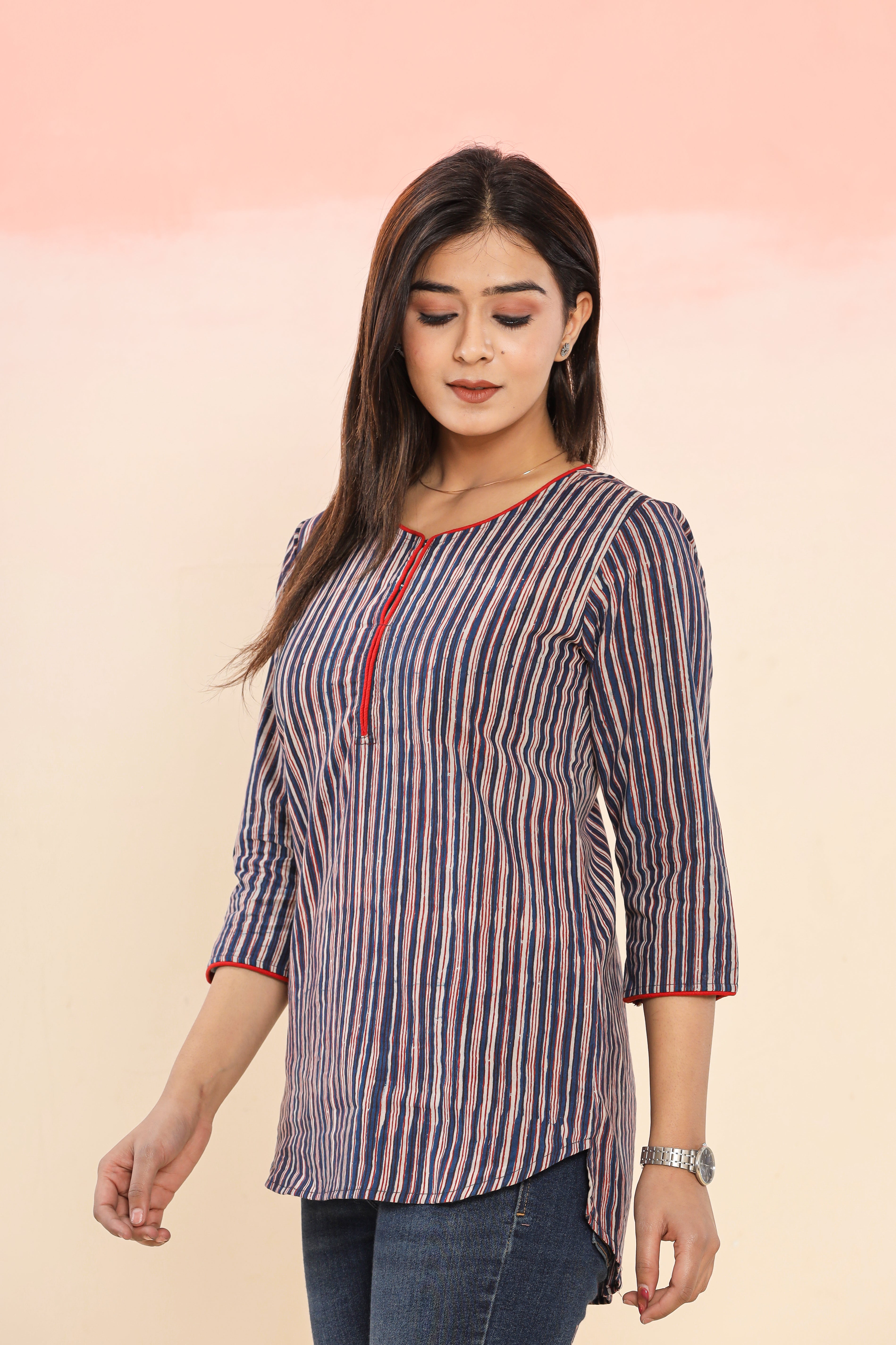 Indigo Doodle Stripes Hand Block Printed Womens Tops