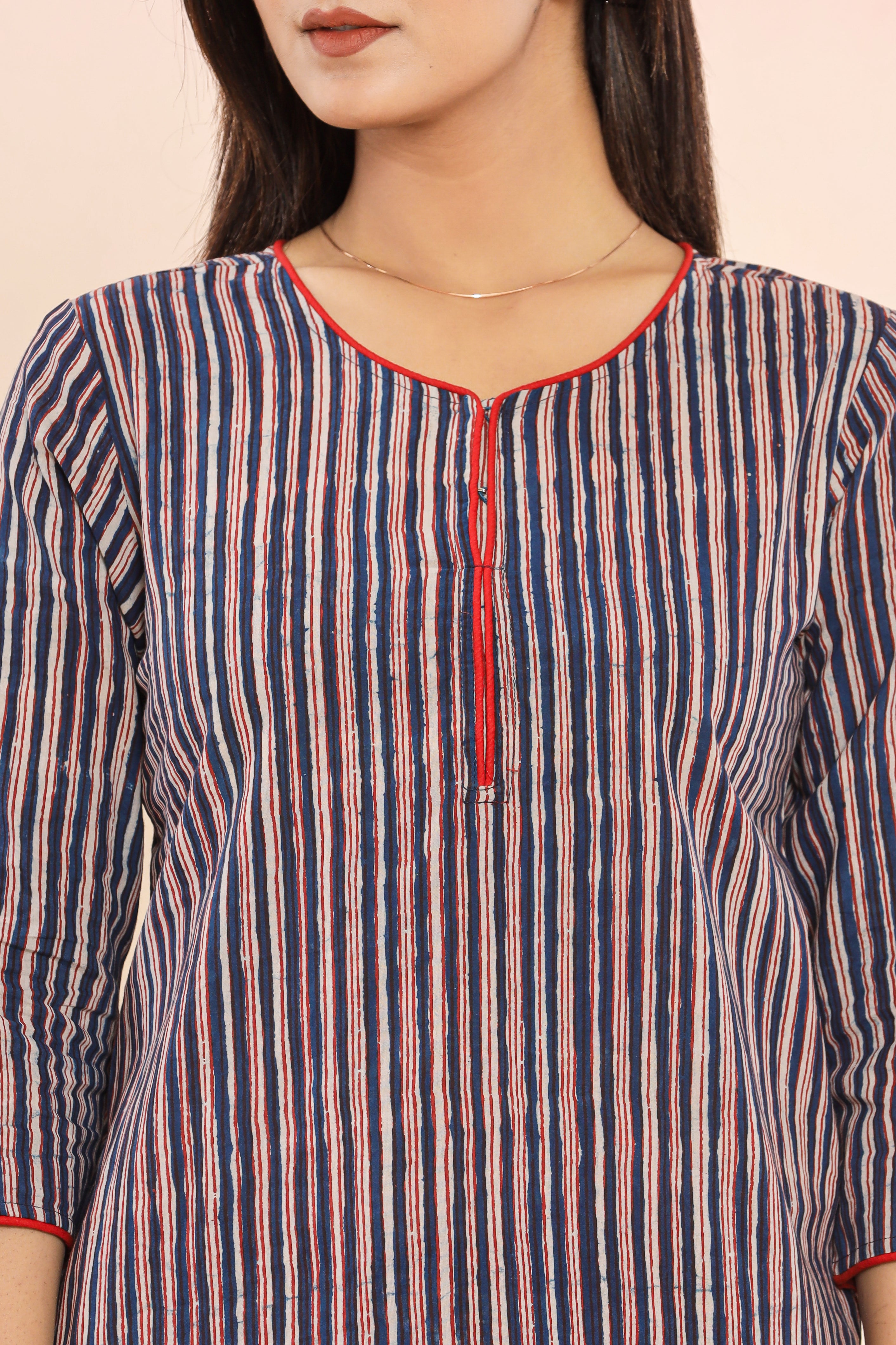 Indigo Doodle Stripes Hand Block Printed Womens Tops