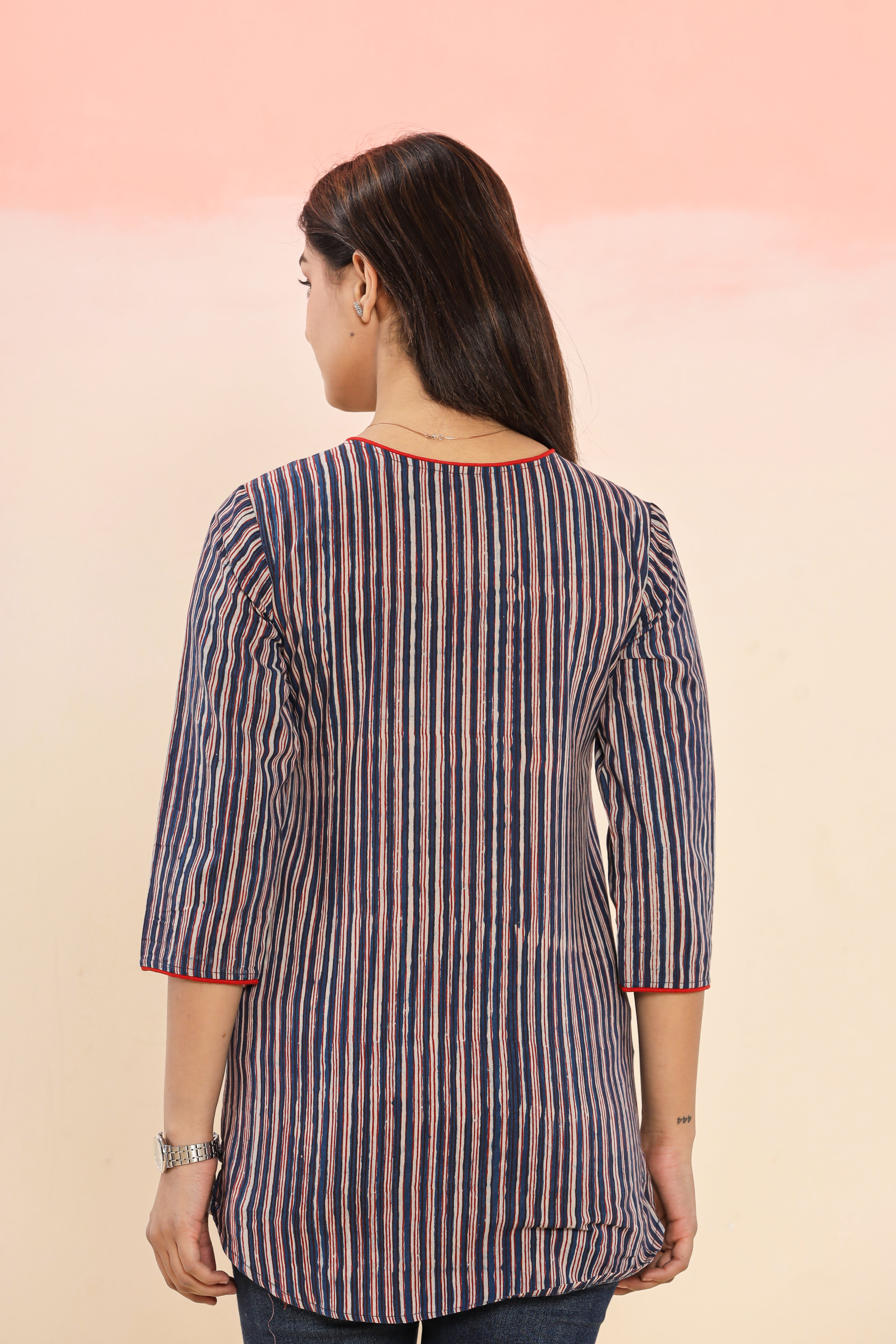 Indigo Doodle Stripes Hand Block Printed Womens Tops