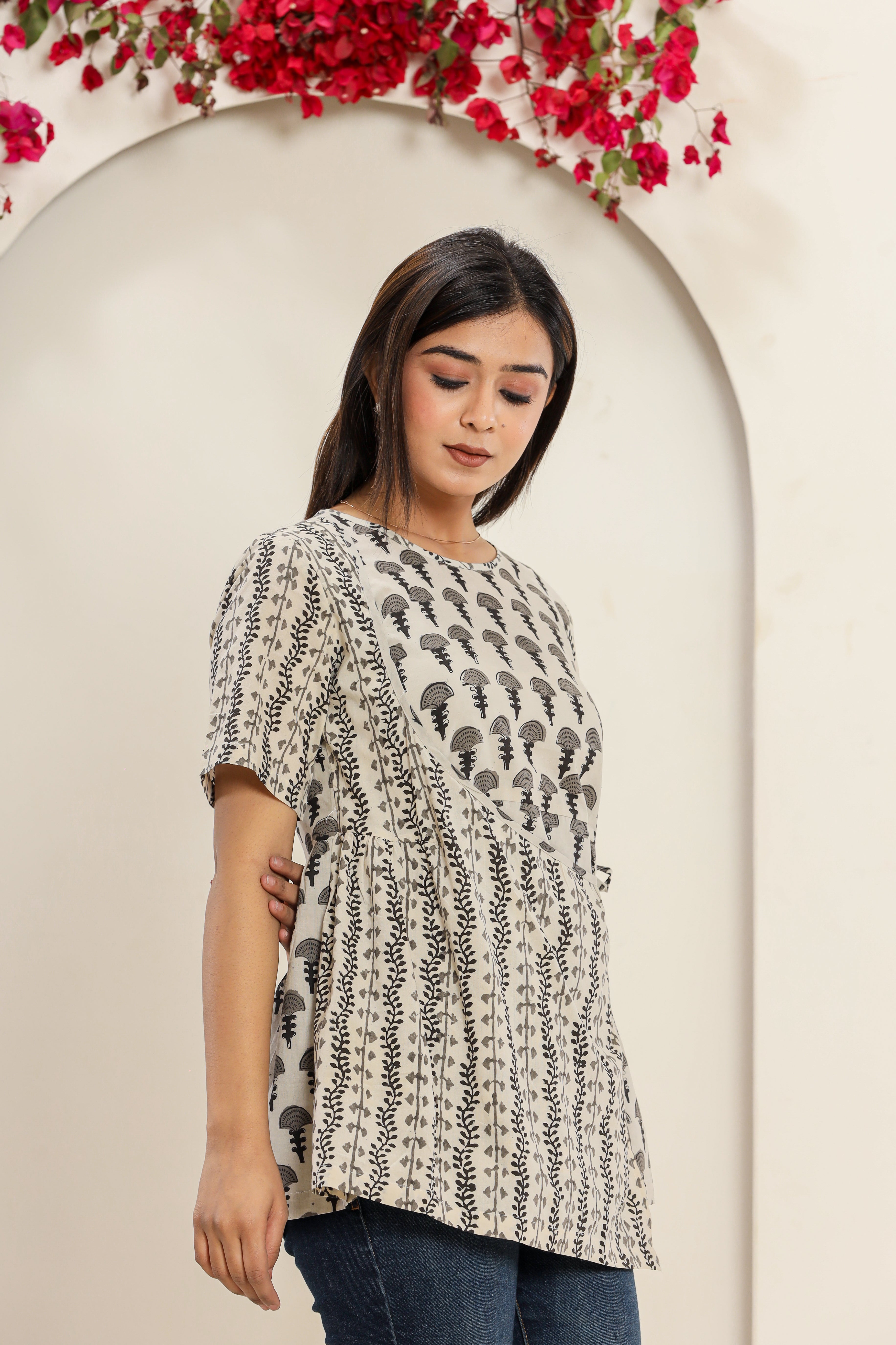 Grey Chaabi Flower Angrakha Womens Hand Block Printed Tops