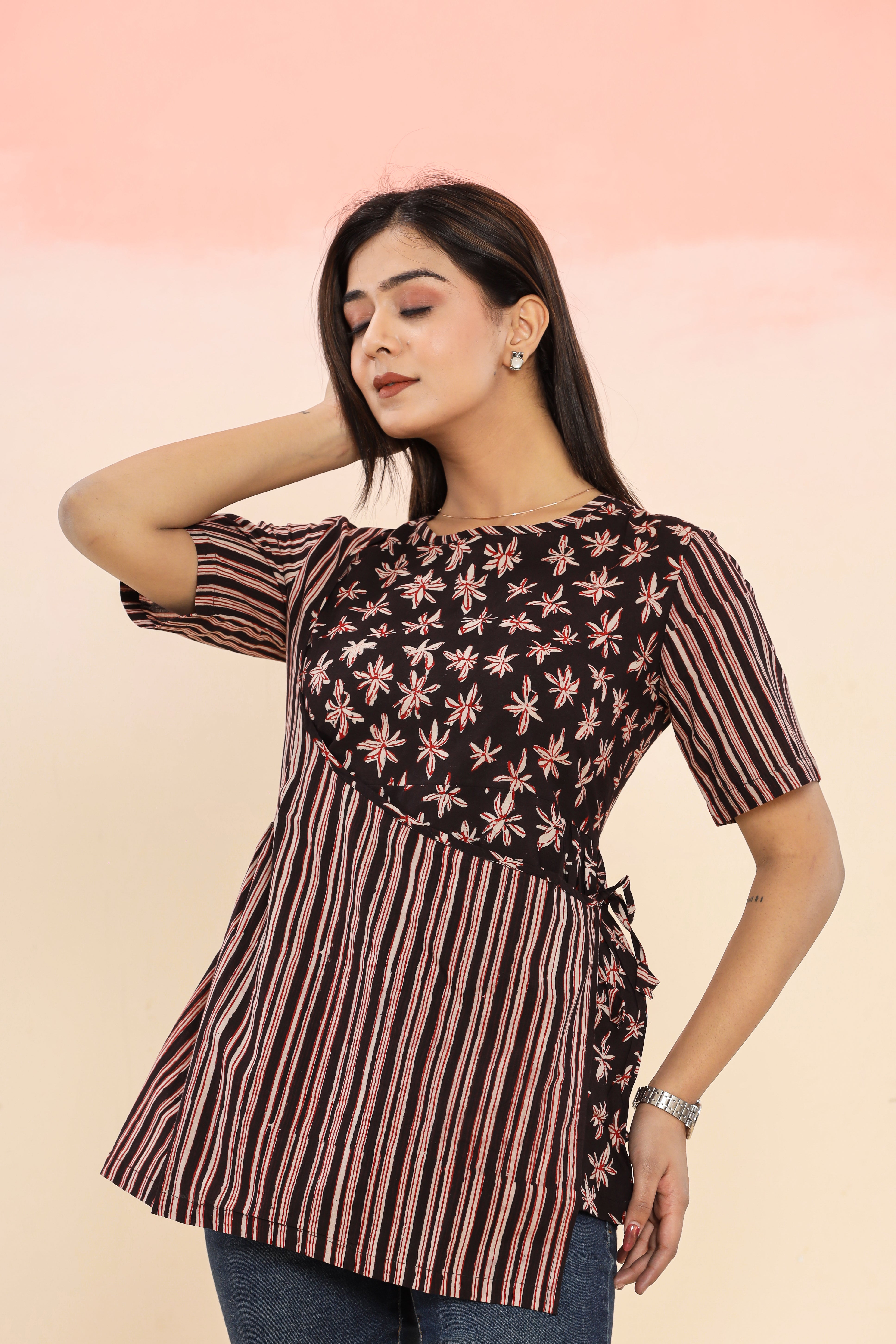 Black Harsinghar Flower Angrakha Womens Hand Block Printed Tops