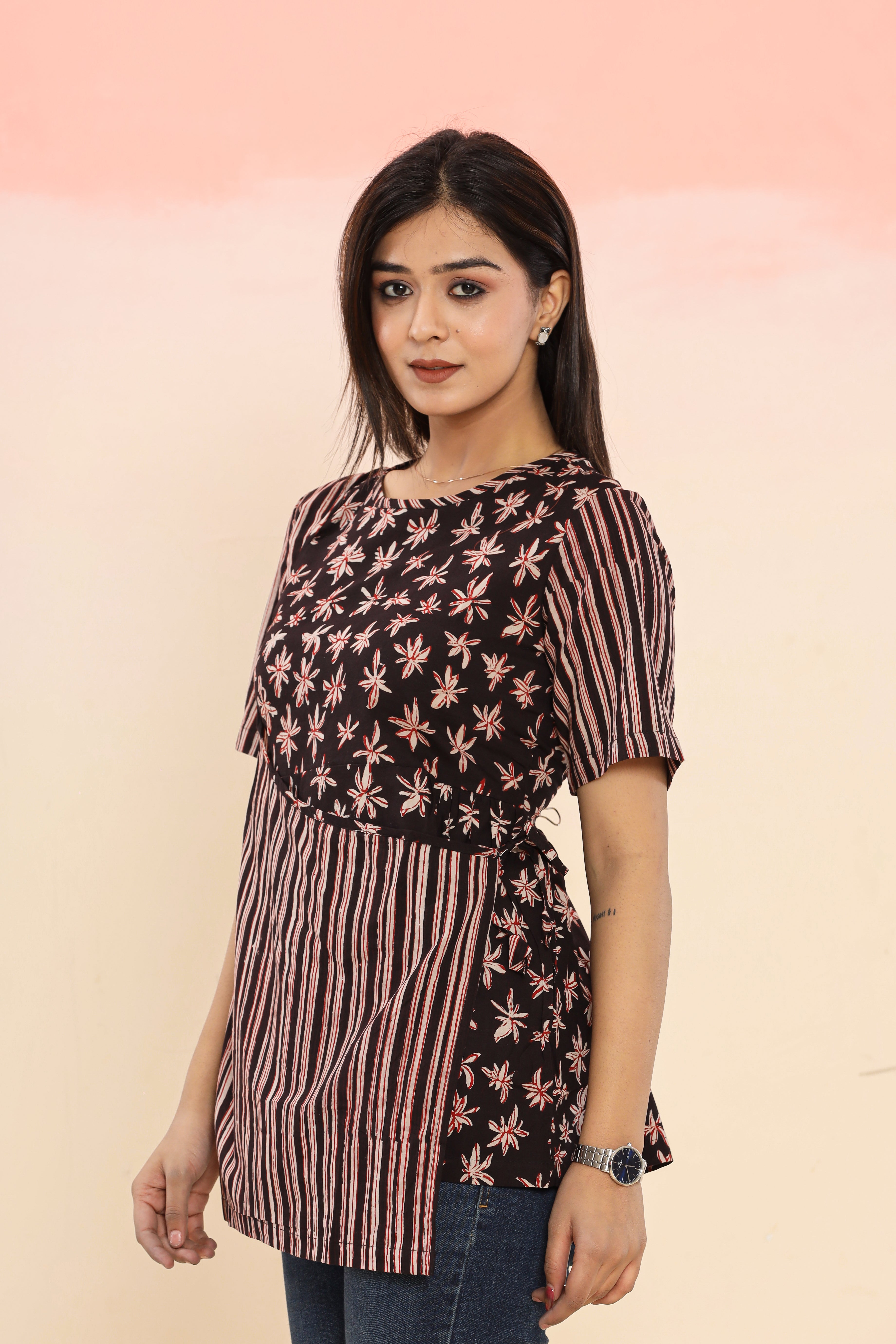 Black Harsinghar Flower Angrakha Womens Hand Block Printed Tops