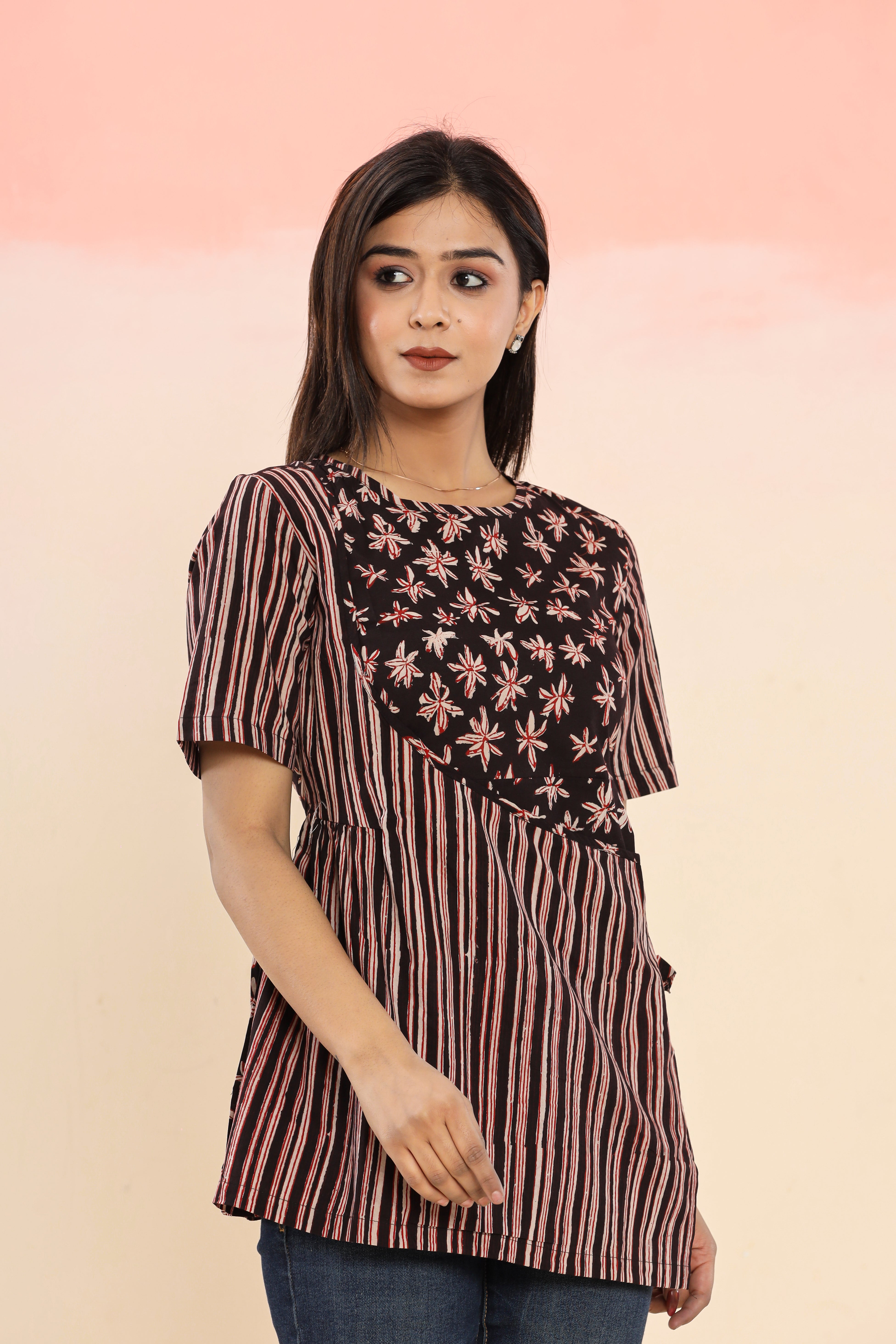 Black Harsinghar Flower Angrakha Womens Hand Block Printed Tops