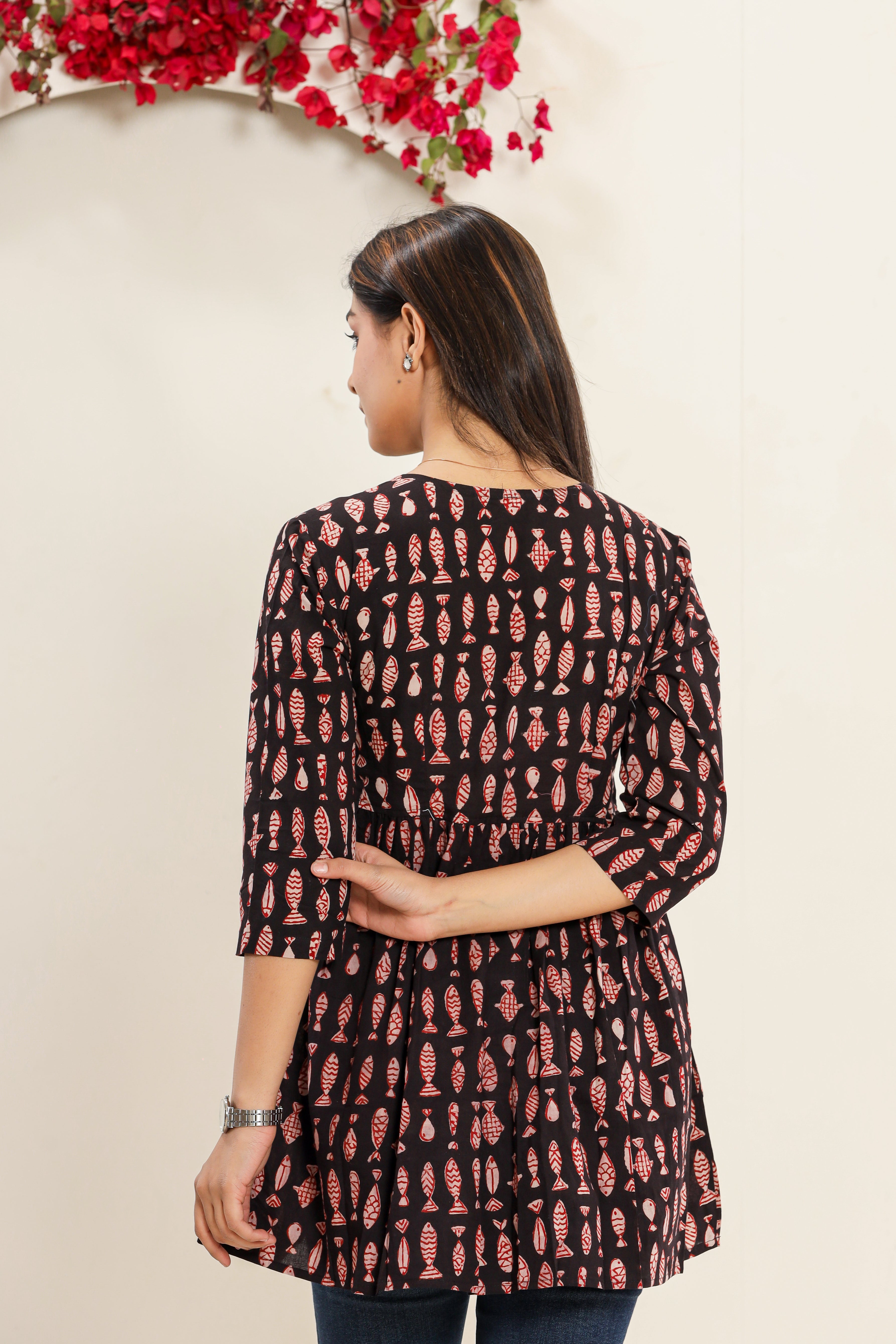 Kala Paani Matsya Fish Flared Womens Hand Block Printed Tops