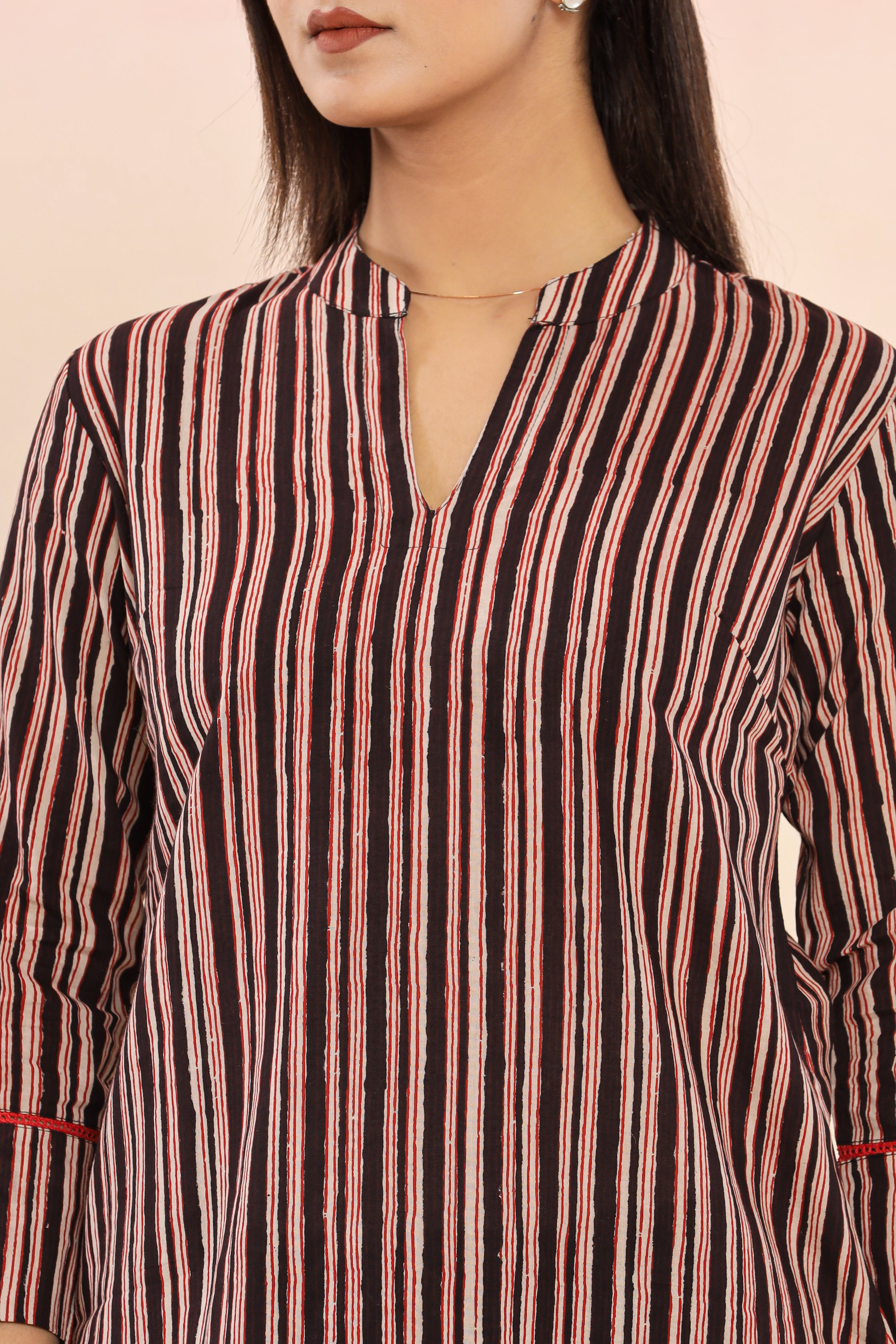 Stripes Geometric Print Hand Block Printed Womens Tops