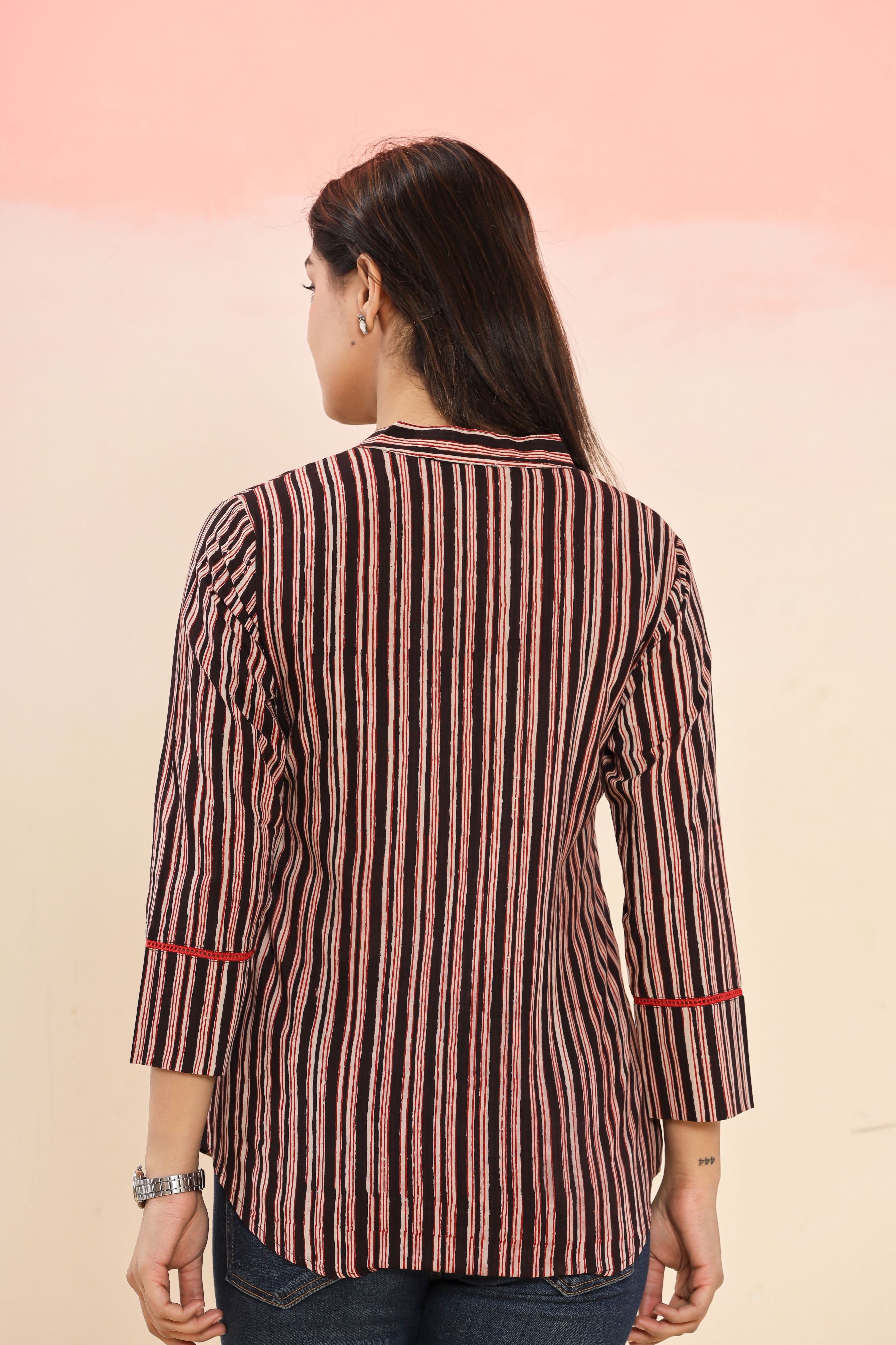 Stripes Geometric Print Hand Block Printed Womens Tops