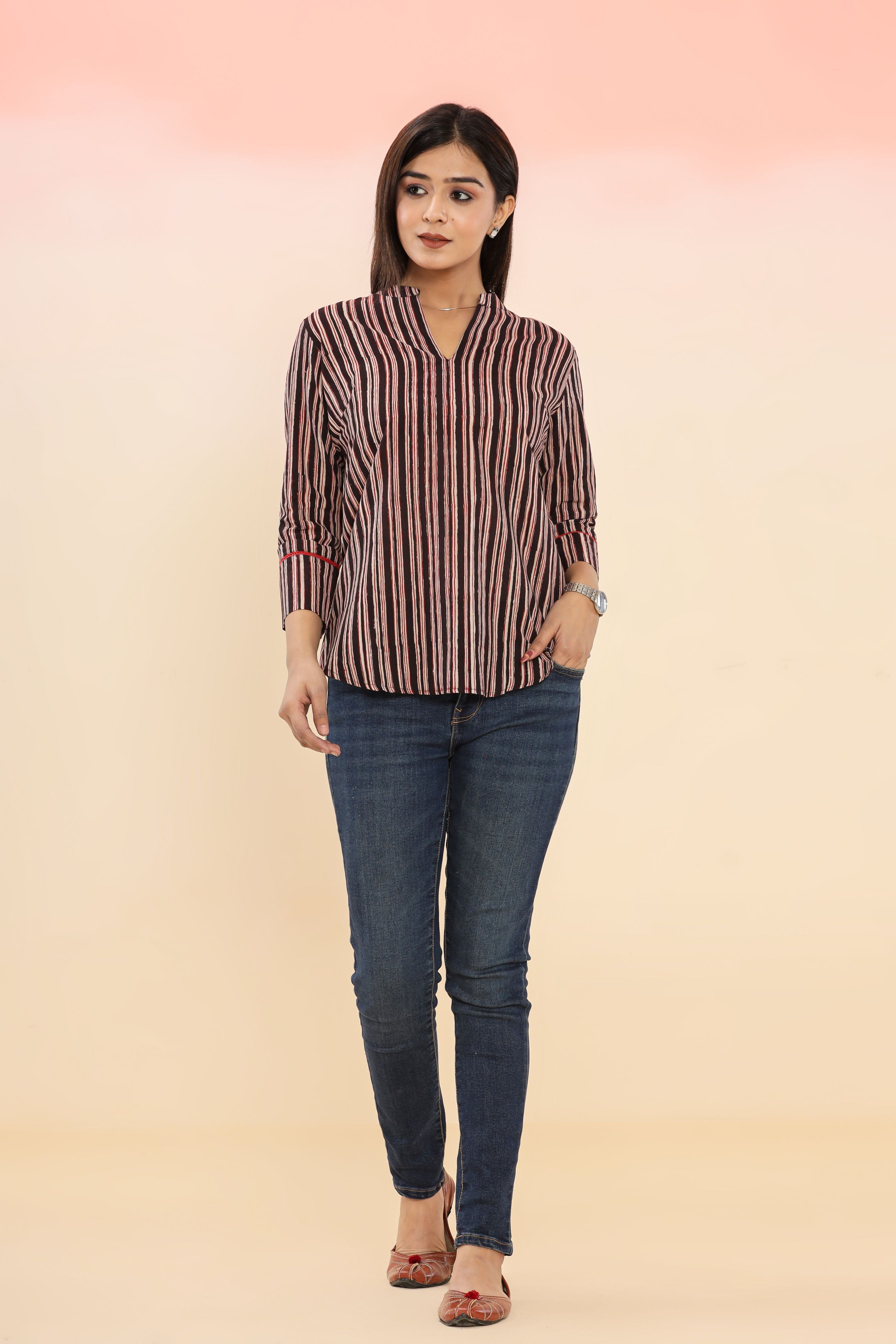 Stripes Geometric Print Hand Block Printed Womens Tops