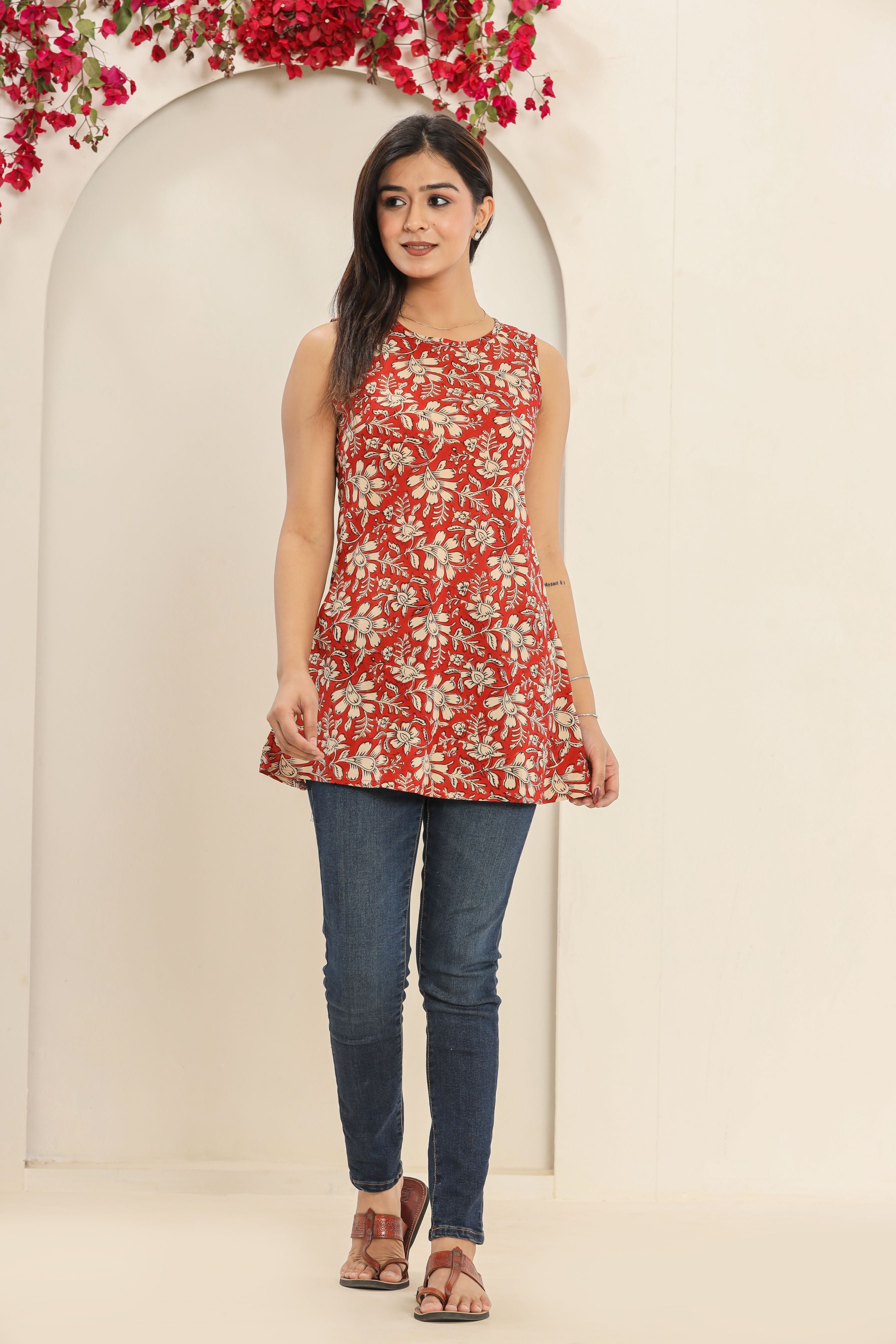 Hibiscus Jaal Bagru Print Sleeveless Hand Block Printed Womens Tops