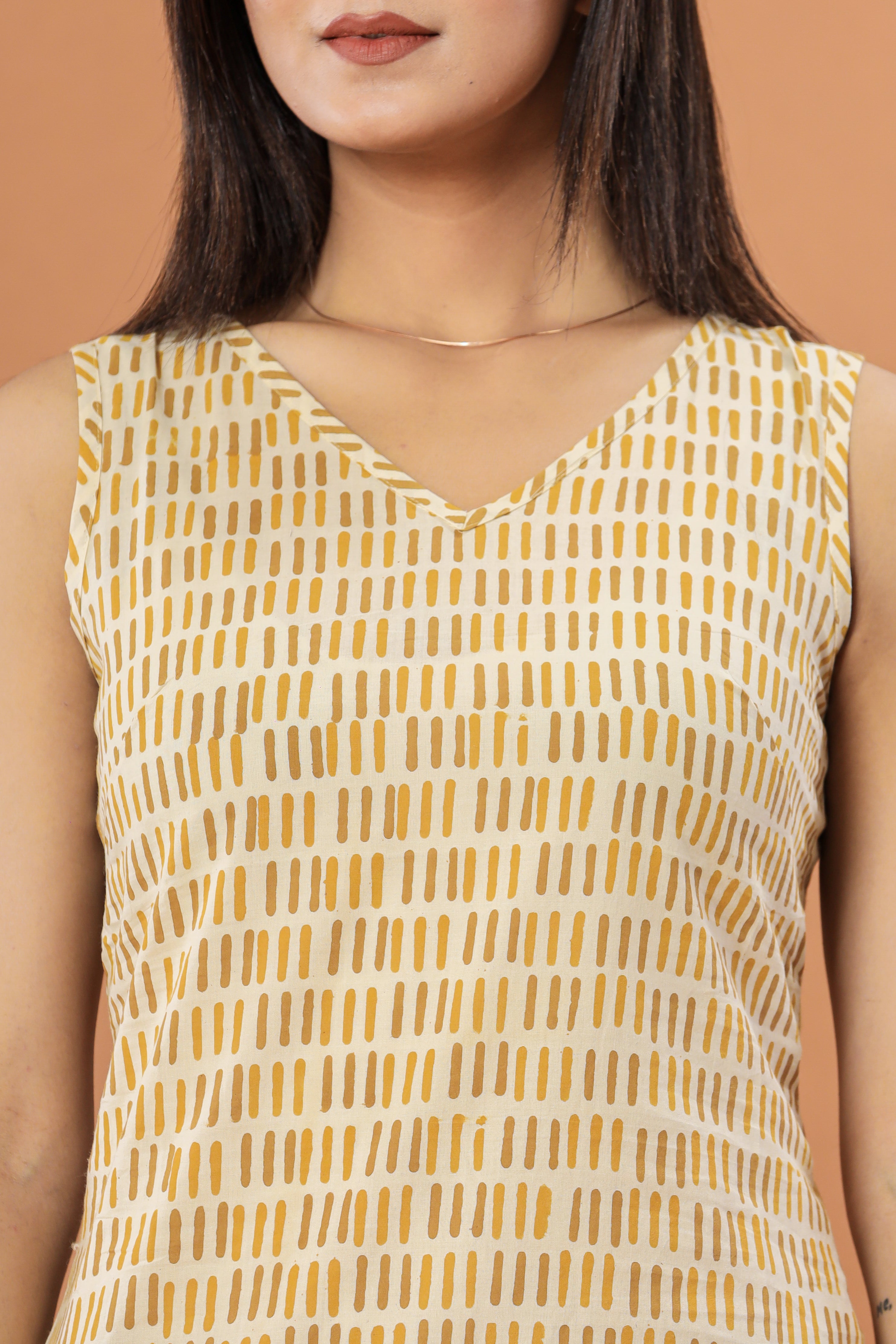 Straight Slash Doodle Print Sleeveless Bagru Hand Block Printed Womens Tops