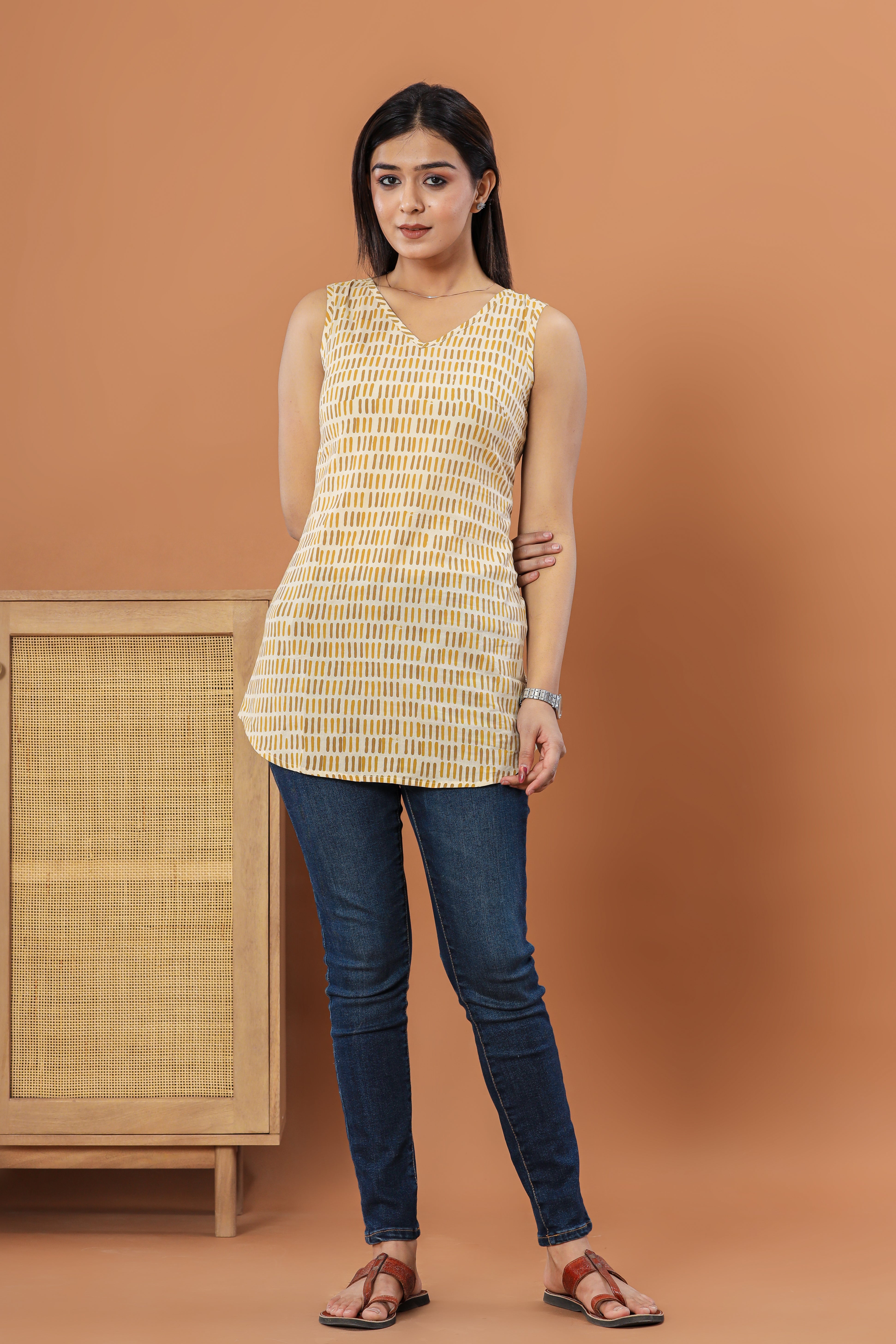 Straight Slash Doodle Print Sleeveless Bagru Hand Block Printed Womens Tops