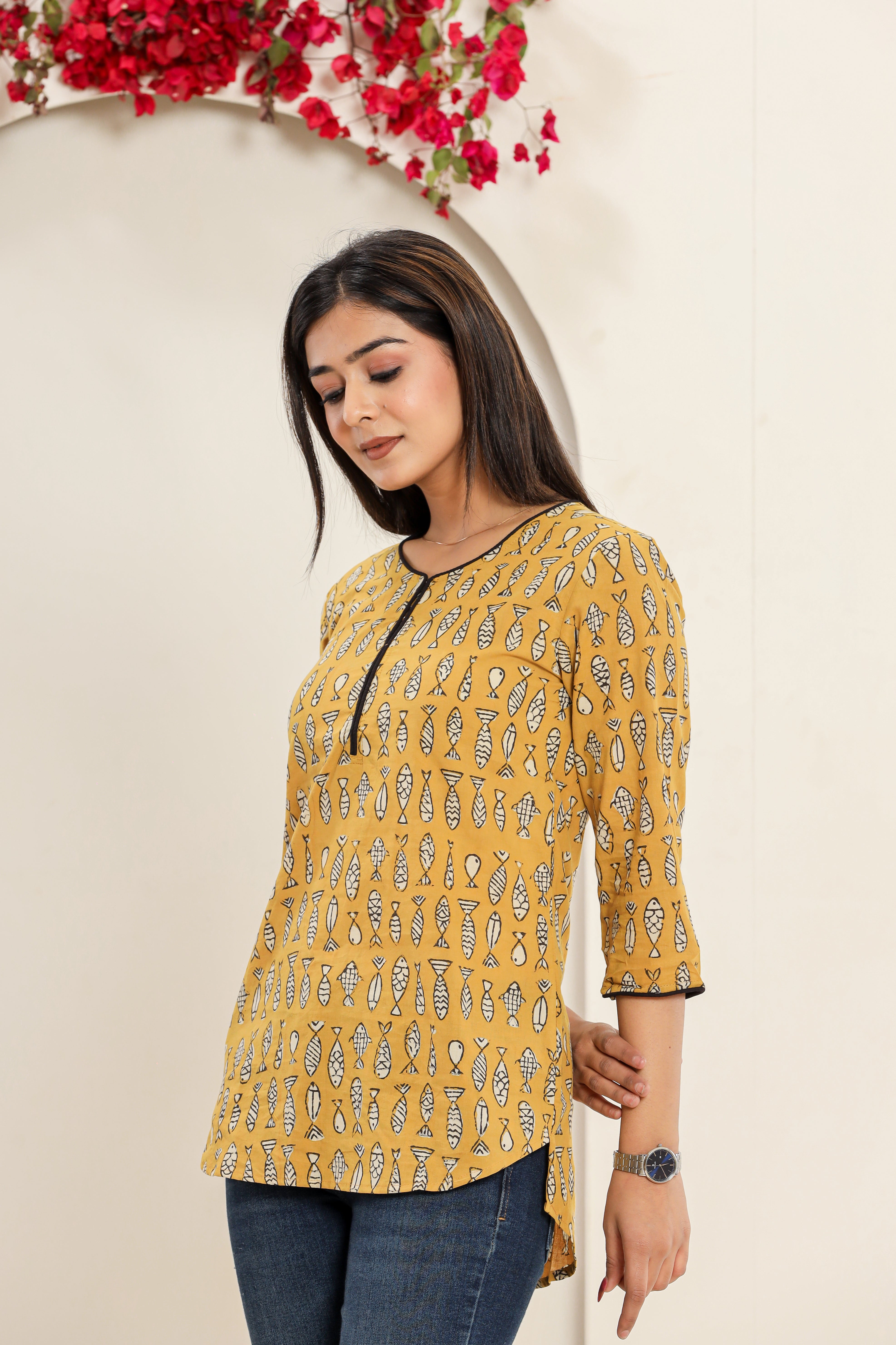 Matsya Fishes Hand Block Printed Womens Tops